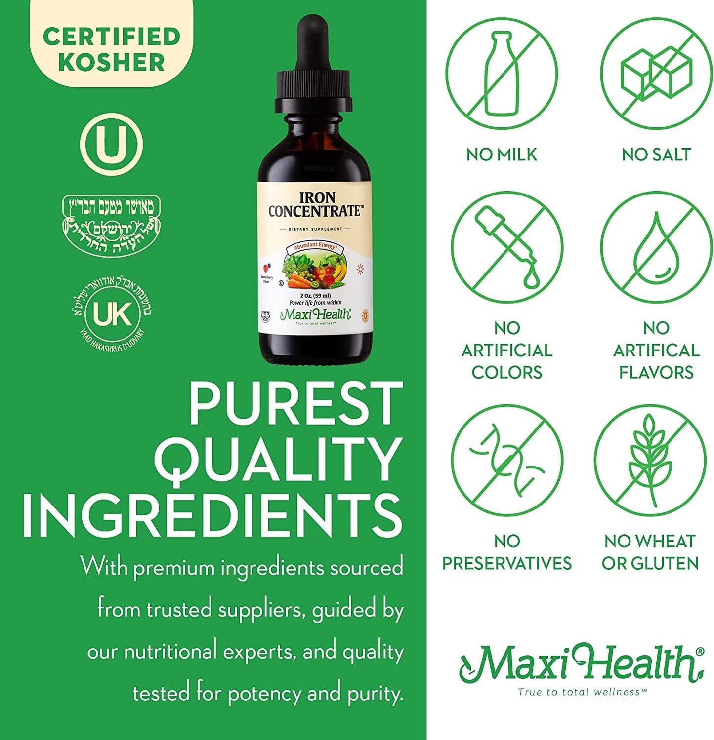 Liquid Iron Drops for Energy and Blood Boost - Maxi Health Iron Supplement 15mg Per ML - Non-Constipating Formula for Men, Women, & Kids - 2 oz, 2 Pack
