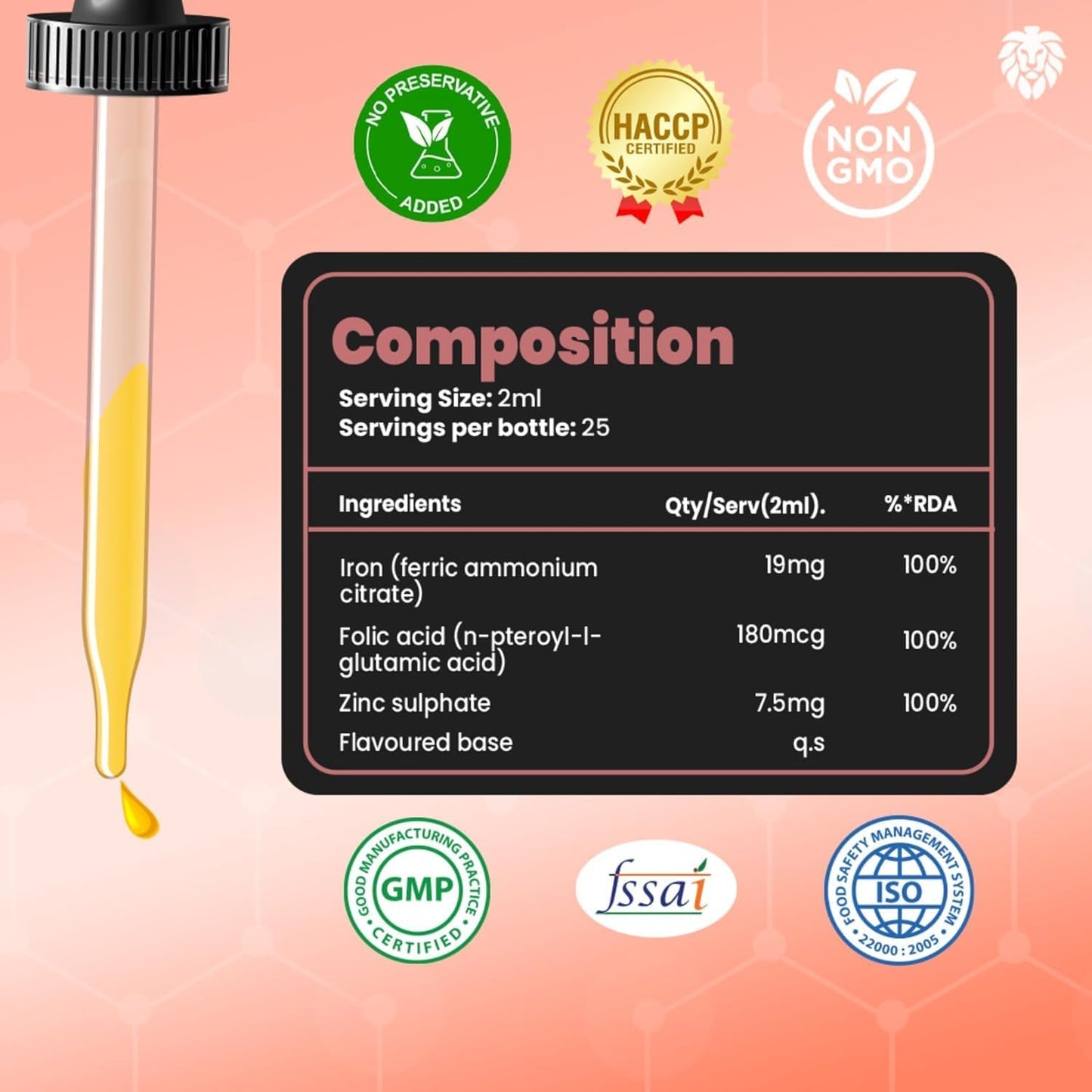 Liquid Iron + Folic Acid Drops with Zinc for Hemoglobin Boost and Blood Building - Fast Acting 50ml Oral Supplement for Women and Men