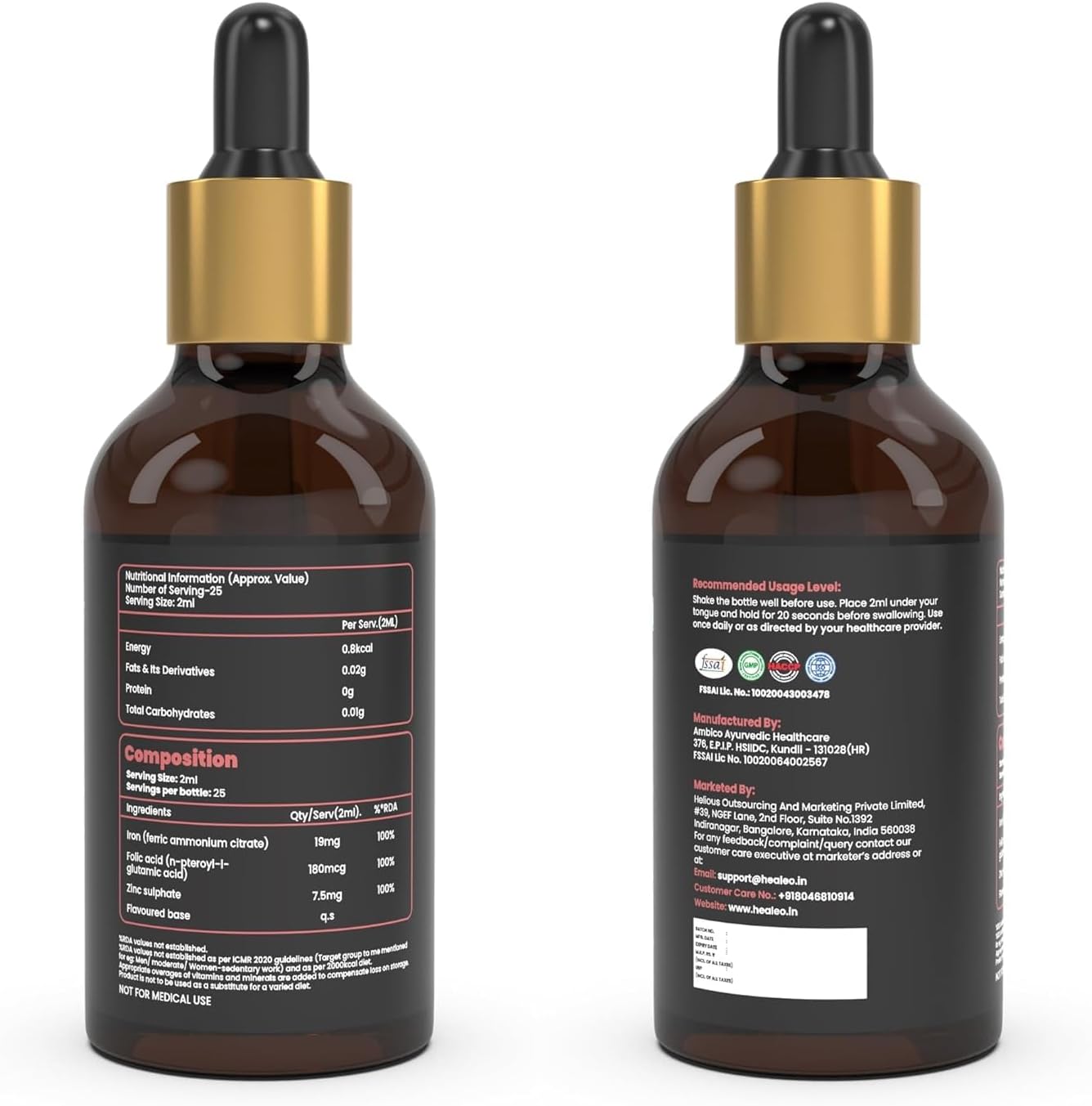 Liquid Iron + Folic Acid Drops with Zinc for Hemoglobin Boost and Blood Building - Fast Acting 50ml Oral Supplement for Women and Men