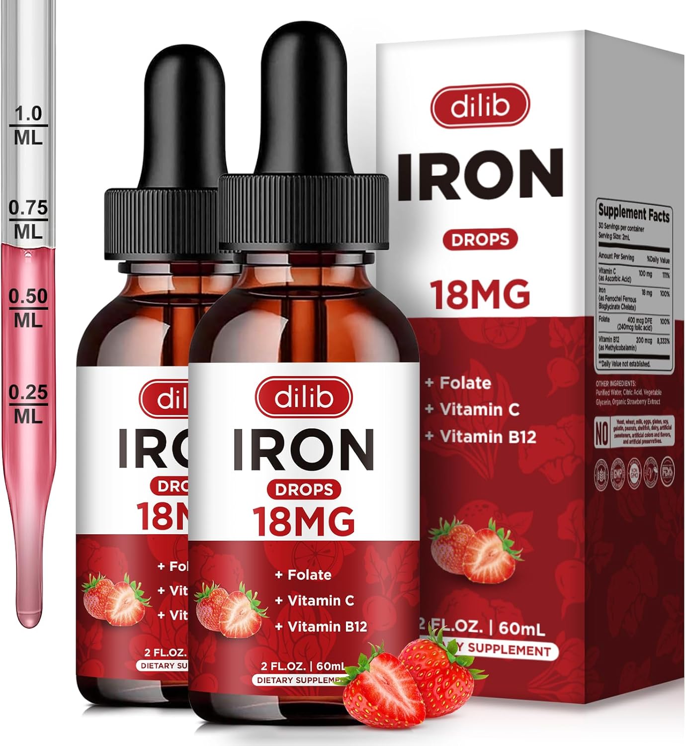 Liquid Iron Supplement (2 Pack) for Women & Men - Iron Drops with Folate, Vitamin C, B12 for Red Blood Cell Support - Strawberry Flavor - 4 Fl Oz