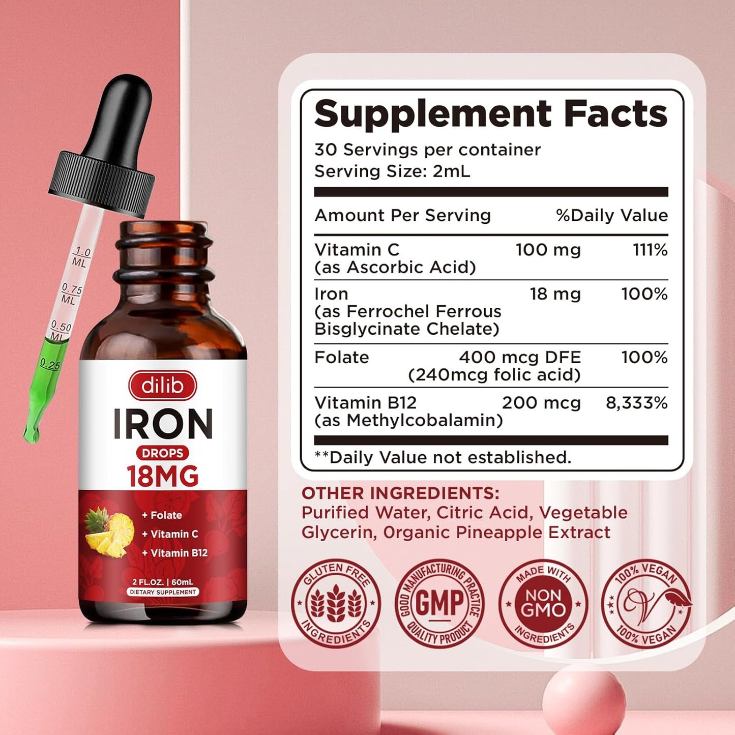 Liquid Iron Supplement for Anemia Support - Pineapple Flavored Iron Drops with Folate, Vitamin C, B12 - 2 Fl Oz Bottle for Men & Women