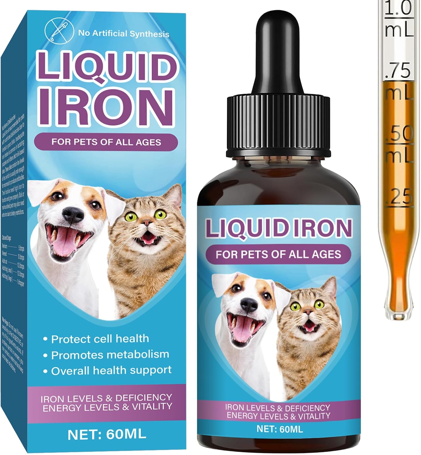 Liquid Iron Supplement for Pets with Vitamin C & B12 - Supports Anemia & Low Energy - Caramel Flavor - 2 Fl oz