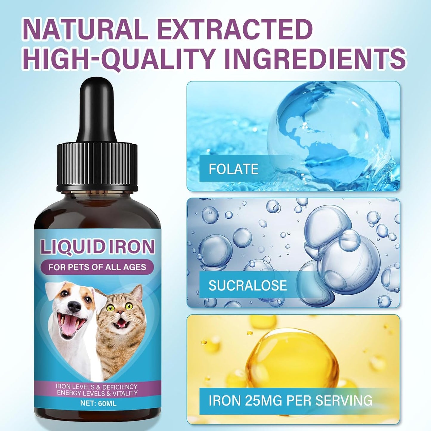 Liquid Iron Supplement for Pets with Vitamin C & B12 - Supports Anemia & Low Energy - Caramel Flavor - 2 Fl oz