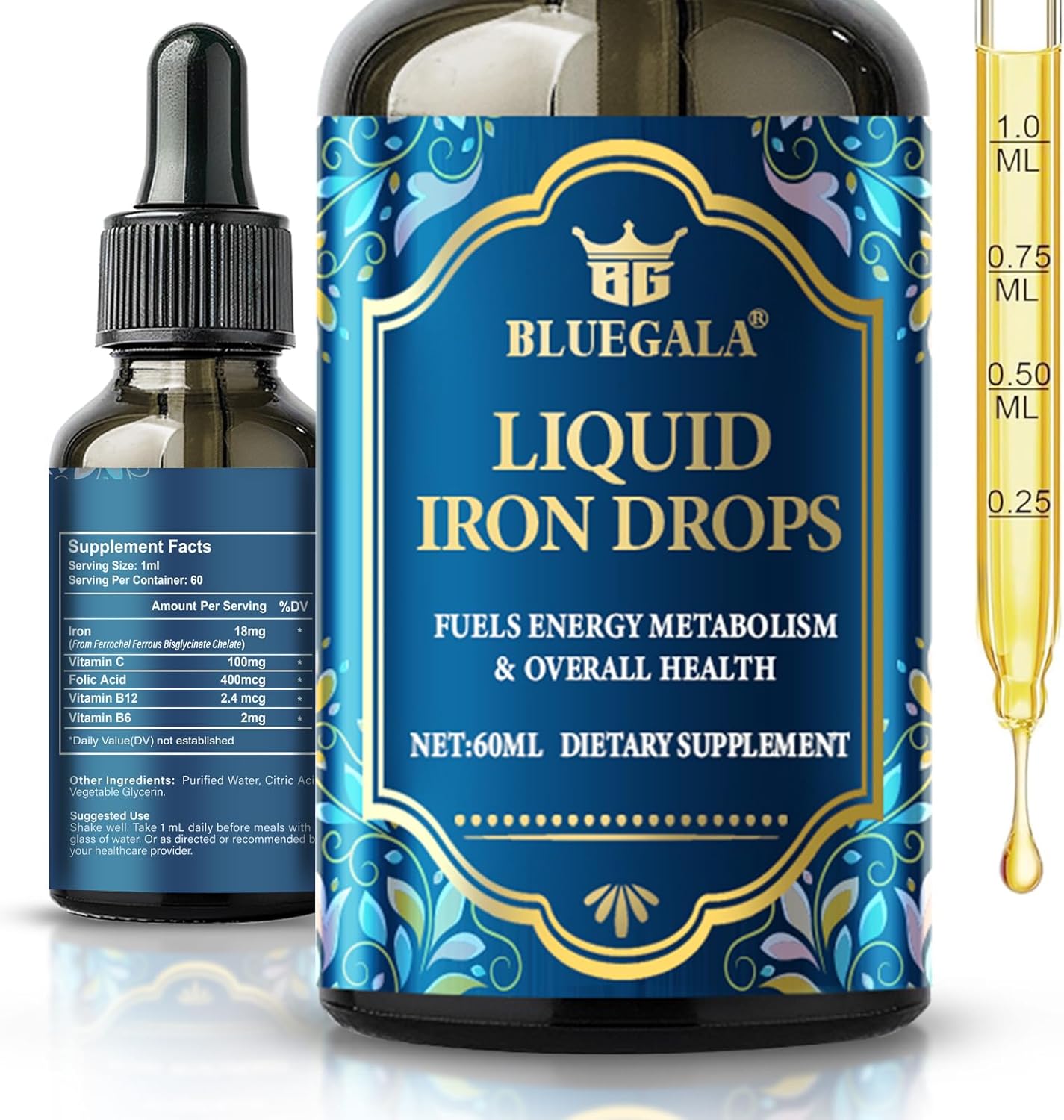 Liquid Iron Supplement for Women - BLUEGALA Iron Drops, Fast Absorption, Immune Enhancement, Daily Iron Support, Vegan & Non-GMO - 2.1 Fl Oz