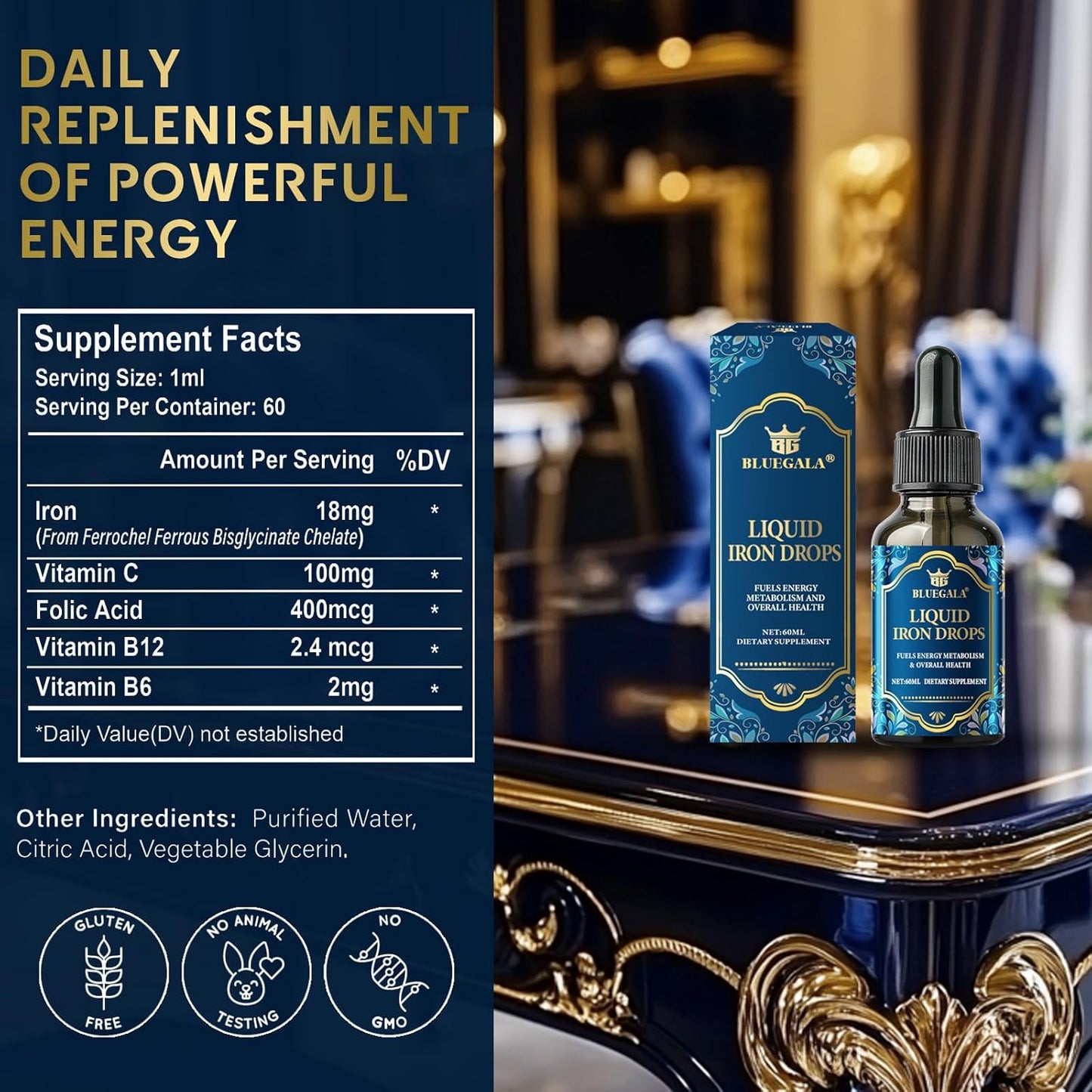 Liquid Iron Supplement for Women - BLUEGALA Iron Drops, Fast Absorption, Immune Enhancement, Daily Iron Support, Vegan & Non-GMO - 2.1 Fl Oz