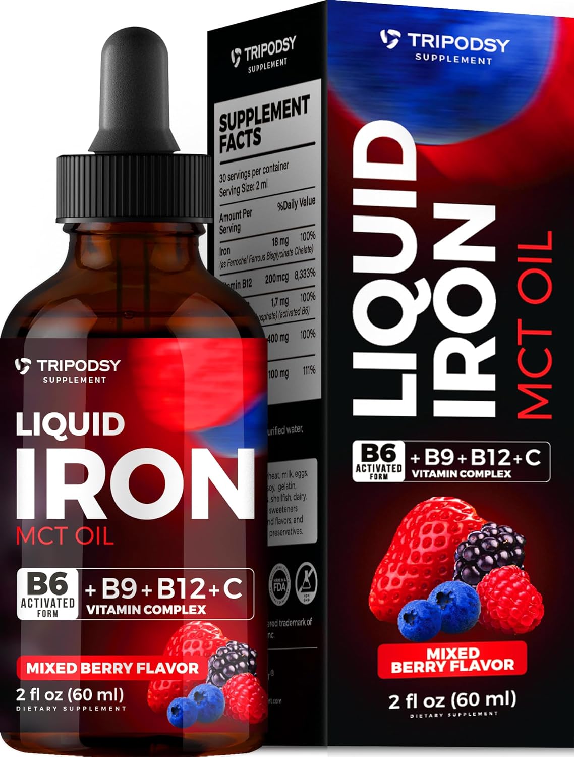 Liquid Iron Supplement with B6, B9, B12, and Vitamin C for Anemia and Immune Support - 2 Fl Oz Mixed Berry Iron Drops for Men and Women