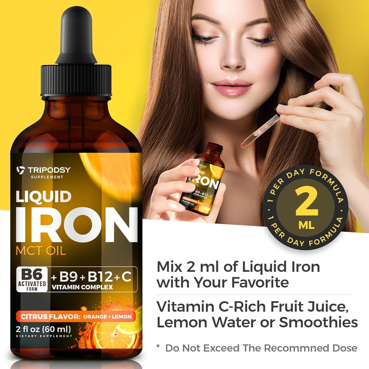Liquid Iron Supplement with B6, B9, B12, Vitamin C - Iron Drops for Anemia, Blood Builder, Folate - Immune Support - 2 Fl Oz, Citrus