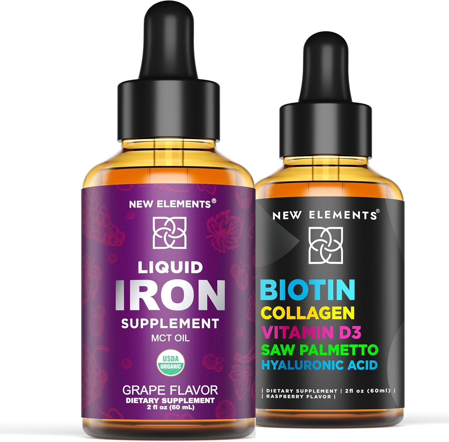 Liquid Iron Supplement with Biotin, Collagen, Vitamin D3 for Men & Women - 18mg Iron Drops with Saw Palmetto & Hyaluronic Acid