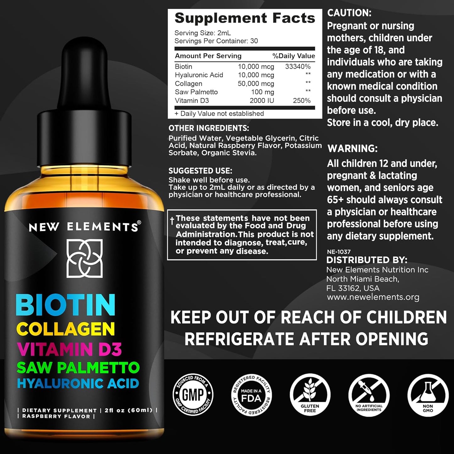Liquid Iron Supplement with Biotin, Collagen, Vitamin D3 for Men & Women - 18mg Iron Drops with Saw Palmetto & Hyaluronic Acid