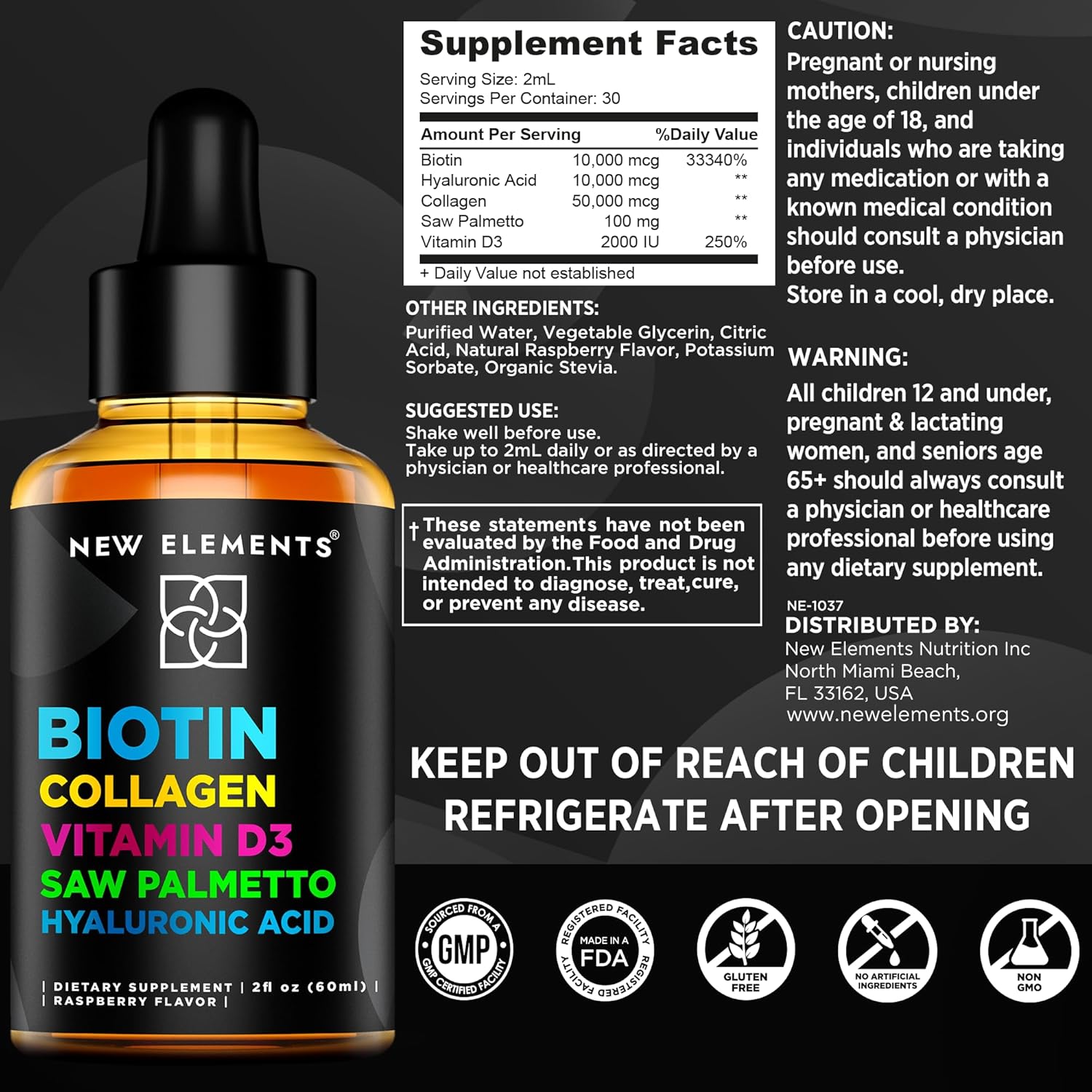 Liquid Iron Supplement with Biotin, Collagen, Vitamin D3 for Men & Women - 18mg Iron Drops with Saw Palmetto & Hyaluronic Acid
