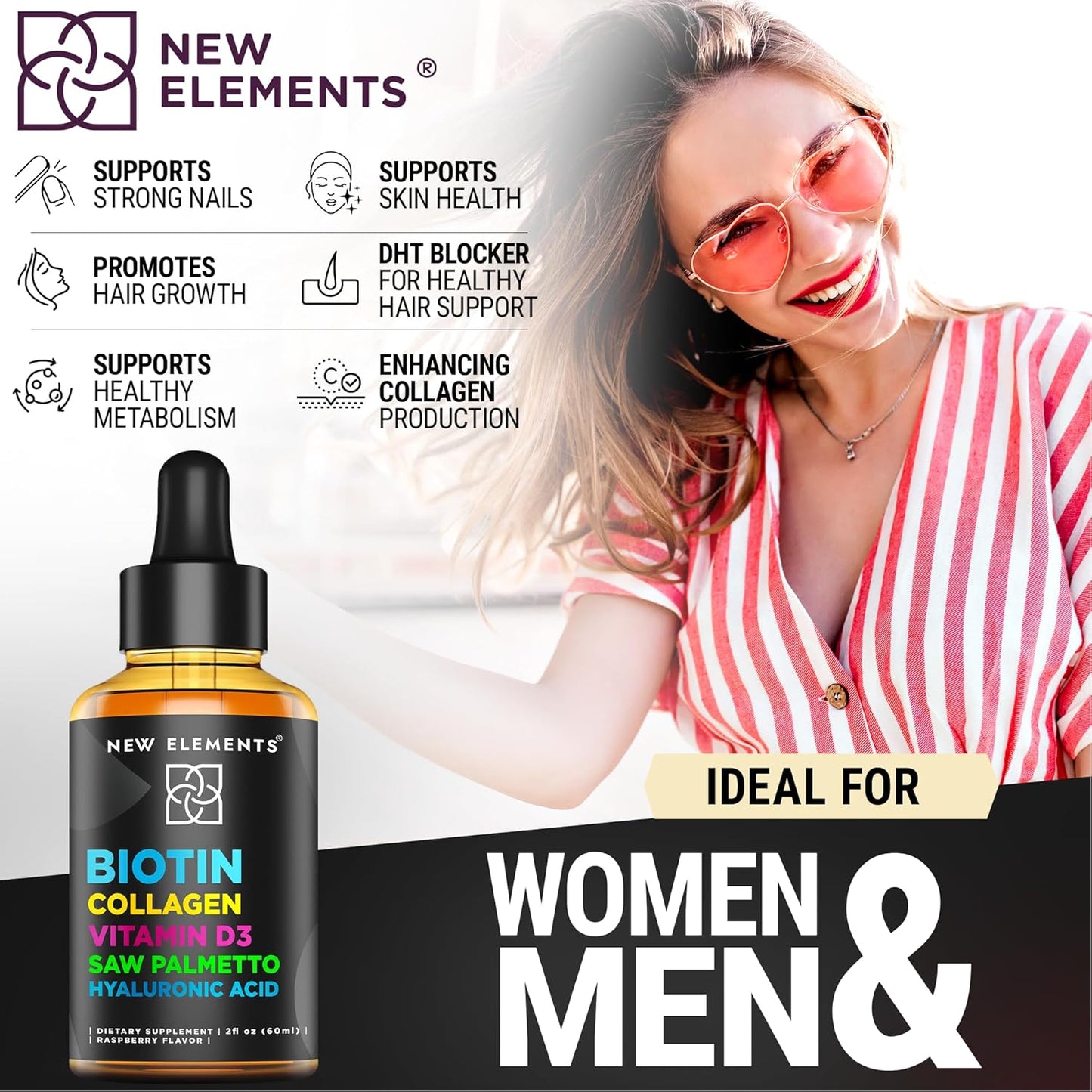 Liquid Iron Supplement with Biotin, Collagen, Vitamin D3 for Men & Women - 18mg Iron Drops with Saw Palmetto & Hyaluronic Acid