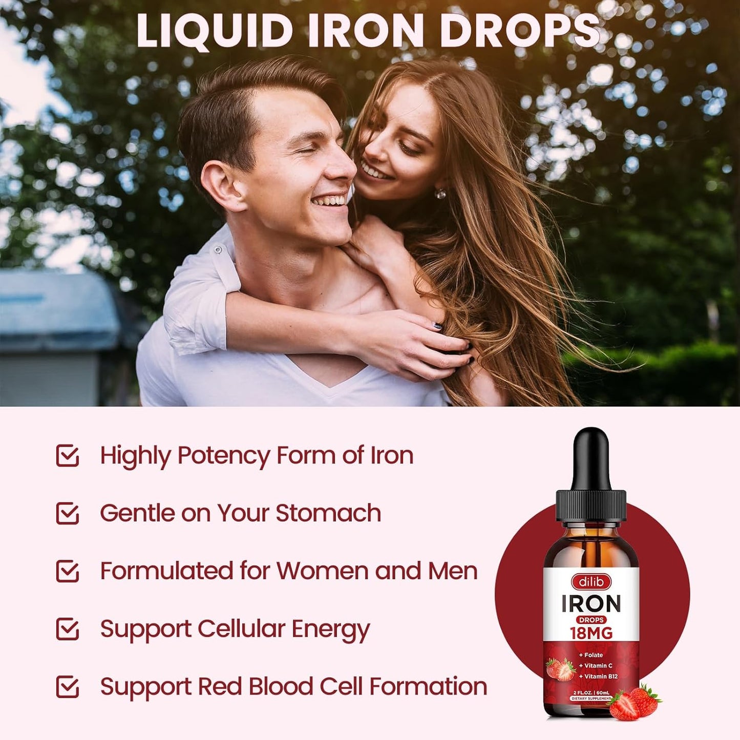 Liquid Iron Supplement with Folate, Vitamin C, and B12 for Anemia Support - Strawberry Flavor - 2 Fl Oz Bottle