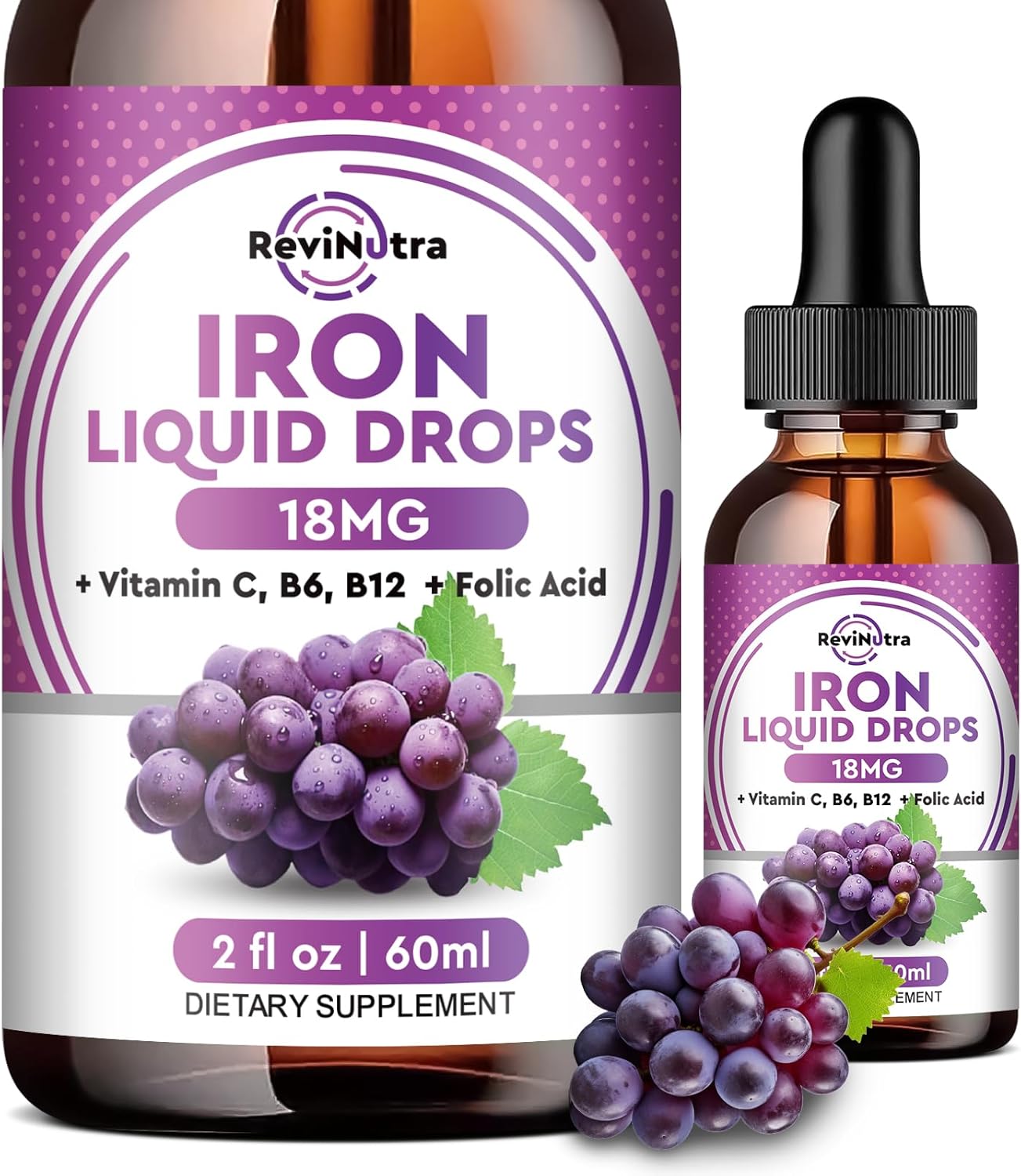 Liquid Iron Supplement with Folate, Vitamin C, B6, B12 for Anemia Support - Grape Flavor, 2 Fl Oz - ReviNutra Iron Drops for Women, Men & Kids