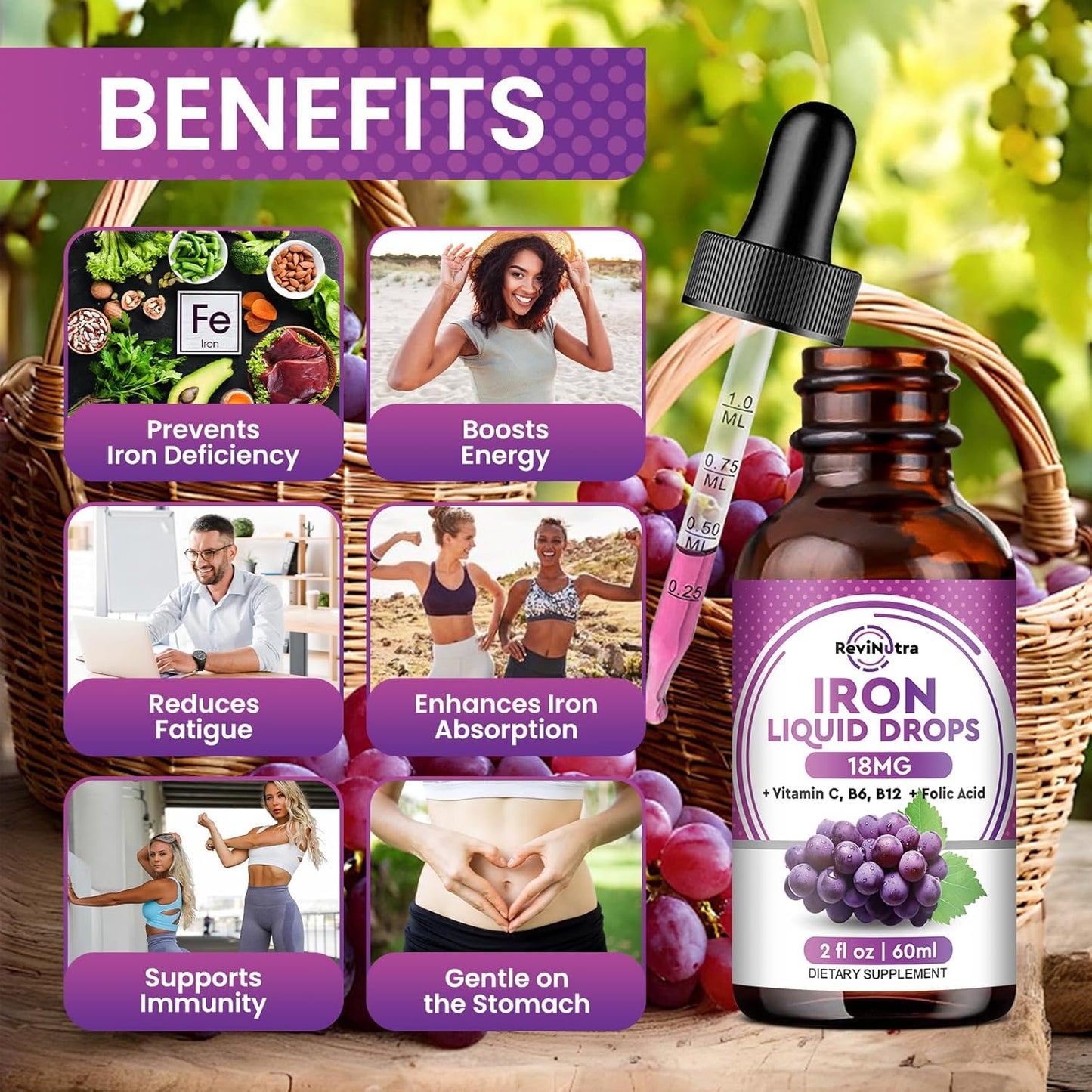 Liquid Iron Supplement with Folate, Vitamin C, B6, B12 for Anemia Support - Grape Flavor, 2 Fl Oz - ReviNutra Iron Drops for Women, Men & Kids