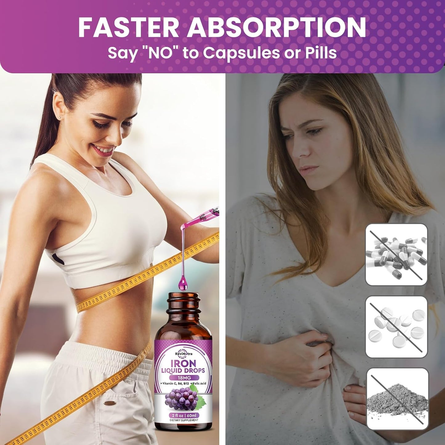 Liquid Iron Supplement with Folate, Vitamin C, B6, B12 for Anemia Support - Grape Flavor, 2 Fl Oz - ReviNutra Iron Drops for Women, Men & Kids