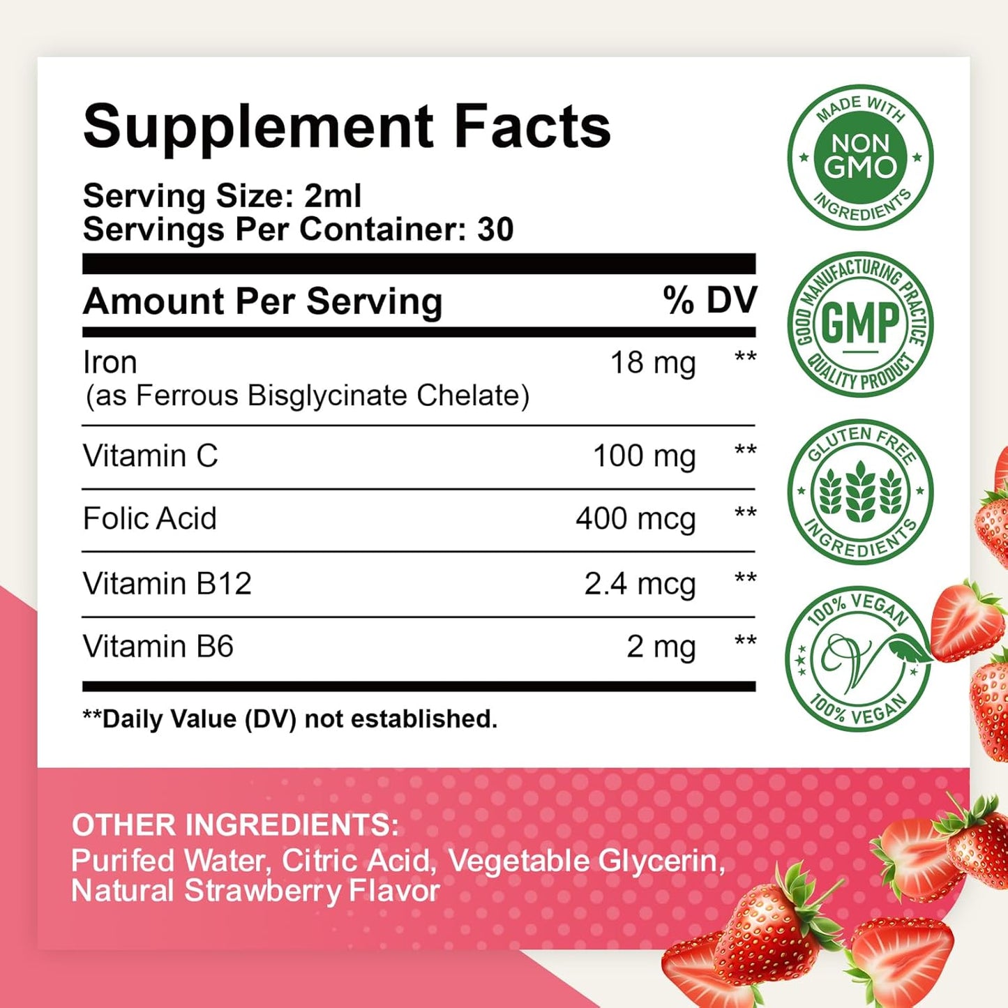 Liquid Iron Supplement with Folate, Vitamin C, B6, B12 for Anemia Support - Strawberry Flavor - 2 Fl Oz