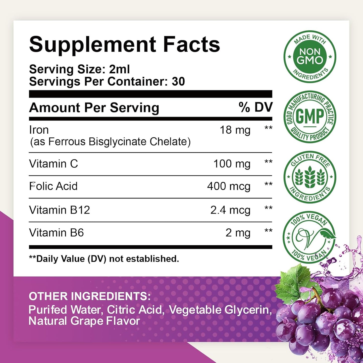 Liquid Iron Supplement with Folate, Vitamin C, B6, B12 for Anemia Support - Grape Flavor, 2 Fl Oz - ReviNutra Iron Drops for Women, Men & Kids