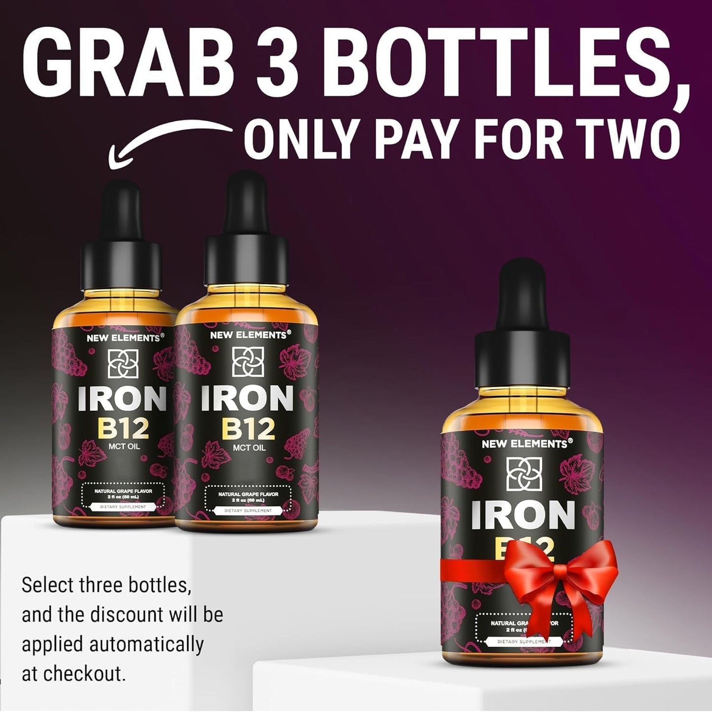 Liquid Iron Supplement with Vitamin B12 for Men & Women - Anemia Blood Builder - 5000mcg B12 Drops with MCT Oil - Natural Grape Flavor - 2oz