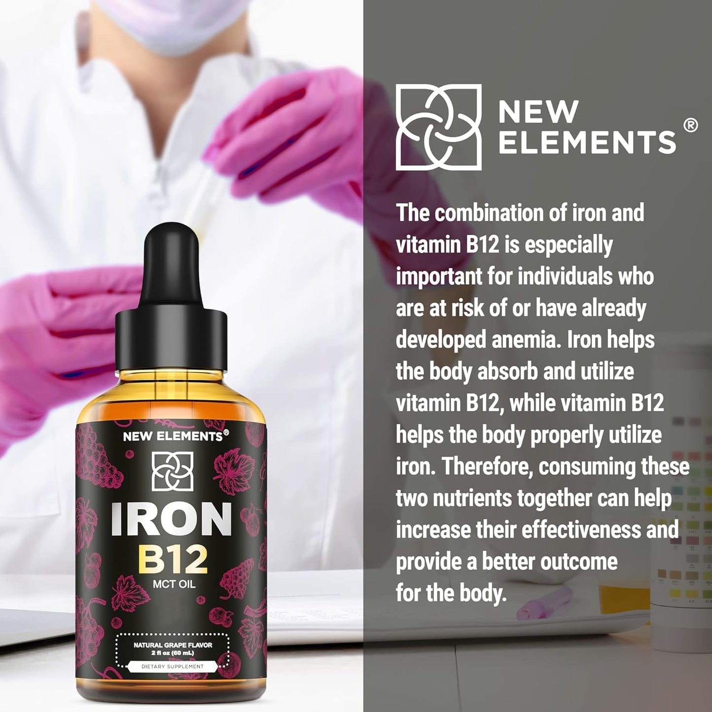 Liquid Iron Supplement with Vitamin B12 for Men & Women - Anemia Blood Builder - 5000mcg B12 Drops with MCT Oil - Natural Grape Flavor - 2oz