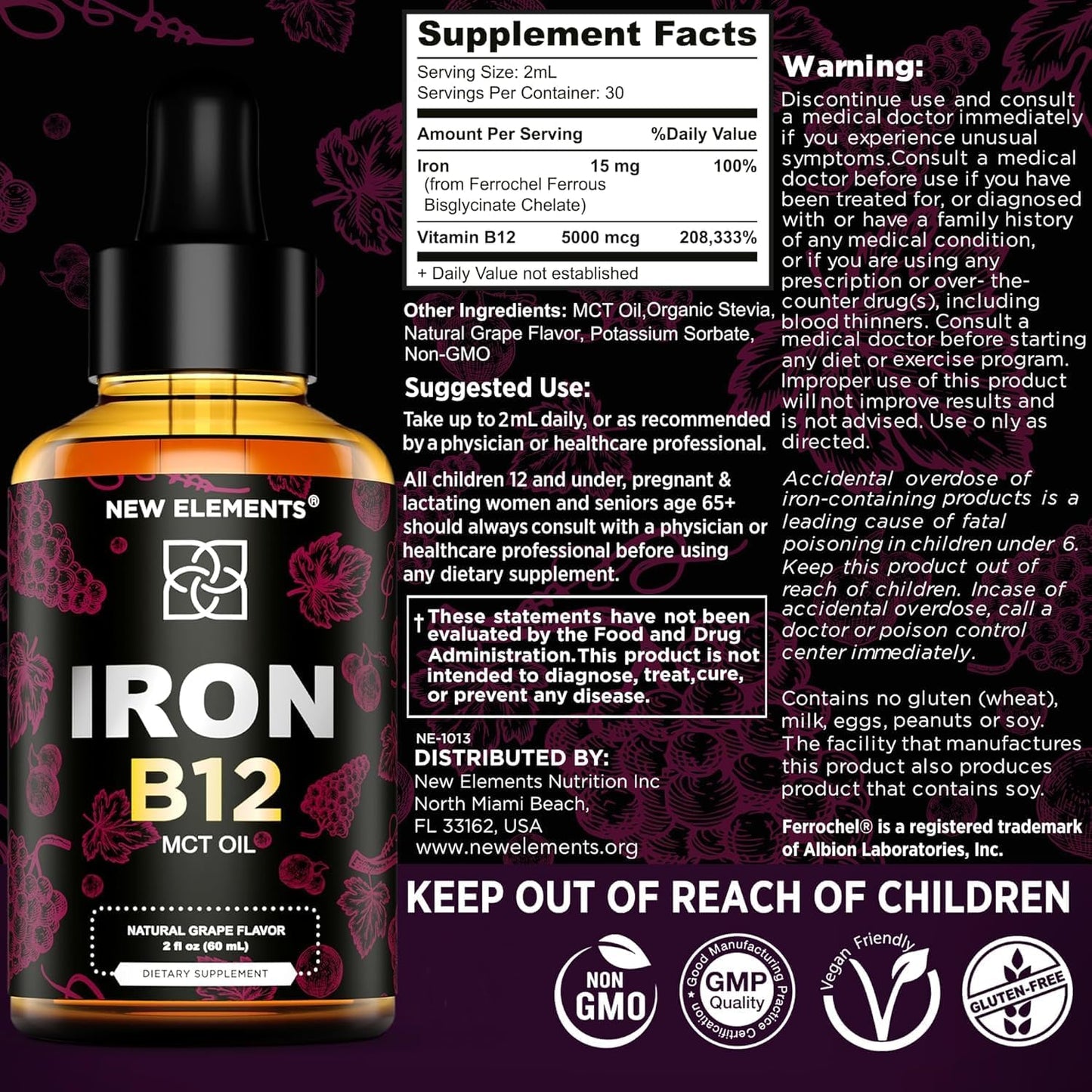 Liquid Iron Supplement with Vitamin B12 for Men & Women - Anemia Blood Builder - 5000mcg B12 Drops with MCT Oil - Natural Grape Flavor - 2oz