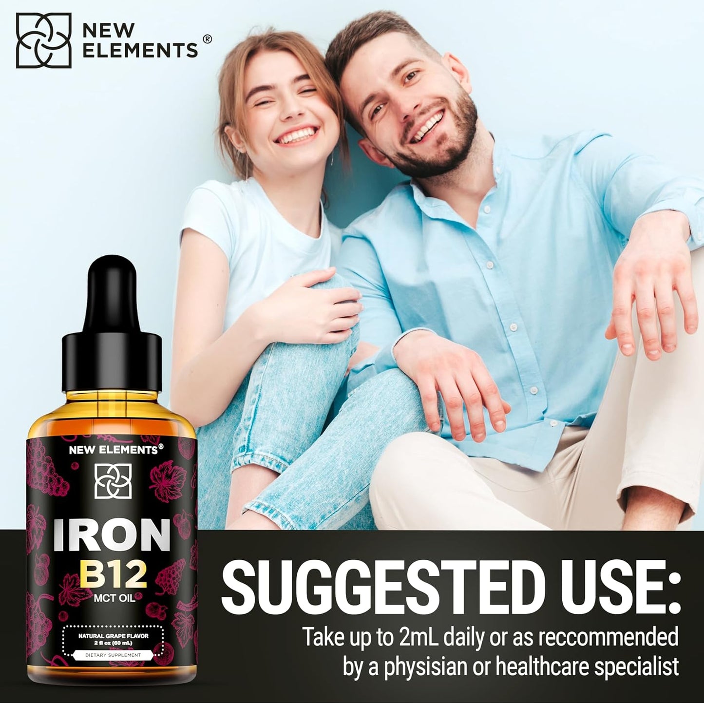 Liquid Iron Supplement with Vitamin B12 for Men & Women - Anemia Blood Builder - 5000mcg B12 Drops with MCT Oil - Natural Grape Flavor - 2oz