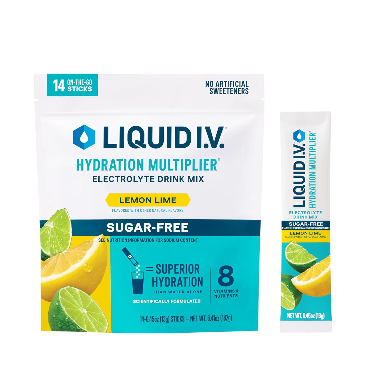 Liquid I.V.® Sugar-Free Electrolyte Powder Drink Mix - Lemon Lime Flavor | Hydration Multiplier | 1 Pack (14 Servings)