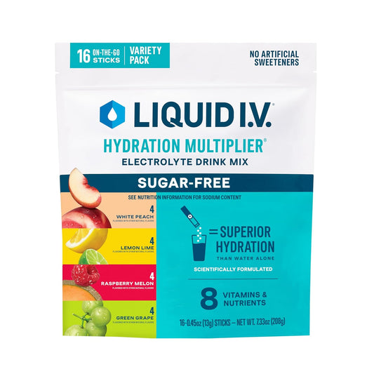 Liquid I.V.® Sugar-Free Hydration Multiplier Variety Pack - Electrolyte Powder Drink Mix with Raspberry Melon, Lemon Lime, White Peach, Green Grape Flavors | 1 Pack (16 Servings)
