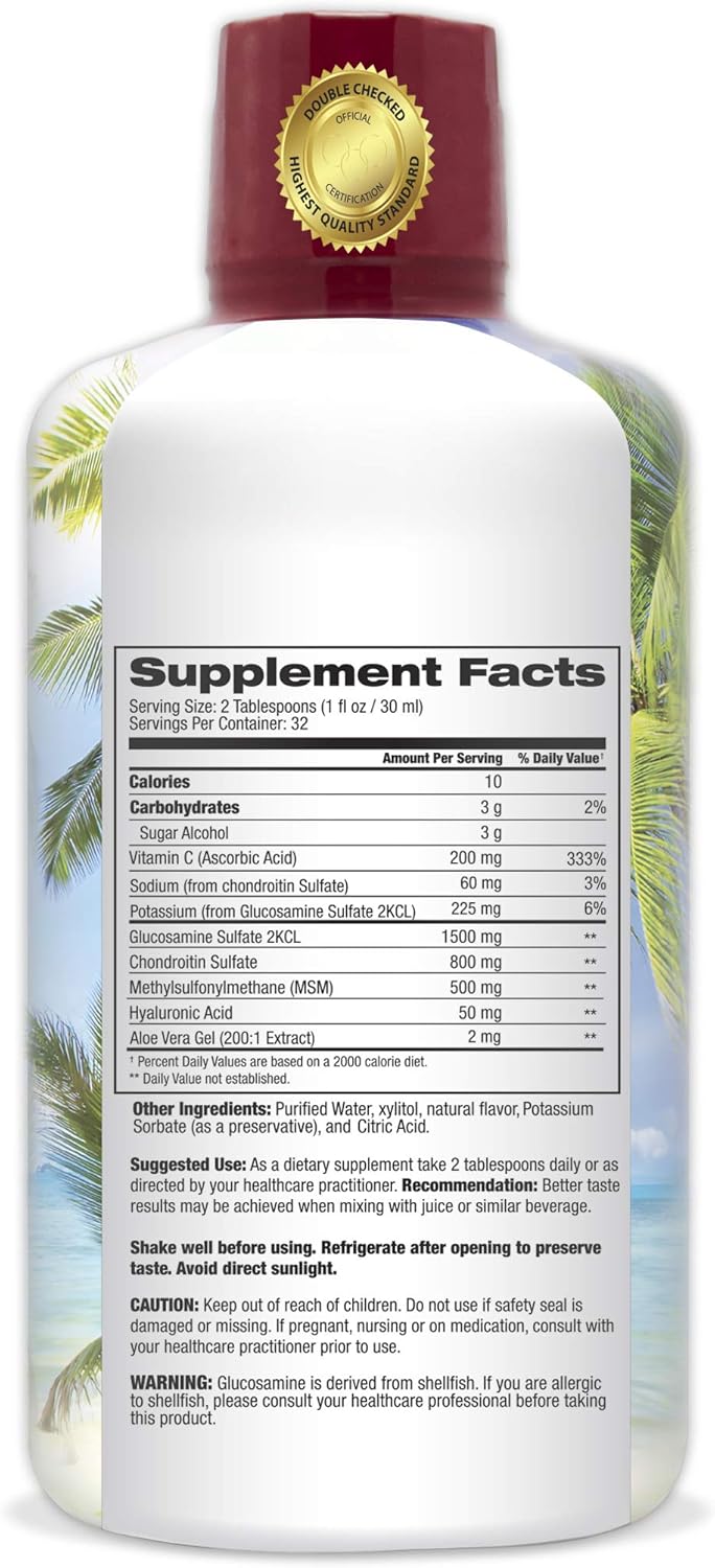 Liquid Joint Supplement with Glucosamine, Chondroitin, MSM, and Hyaluronic Acid for Bone and Joint Health - 32oz, 32 Servings - Tropical Oasis Joint Complete Premium Formula with 96% Maximum Absorption