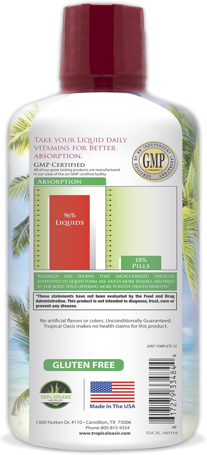 Liquid Joint Supplement with Glucosamine, Chondroitin, MSM, and Hyaluronic Acid for Bone and Joint Health - 32oz, 32 Servings - Tropical Oasis Joint Complete Premium Formula with 96% Maximum Absorption