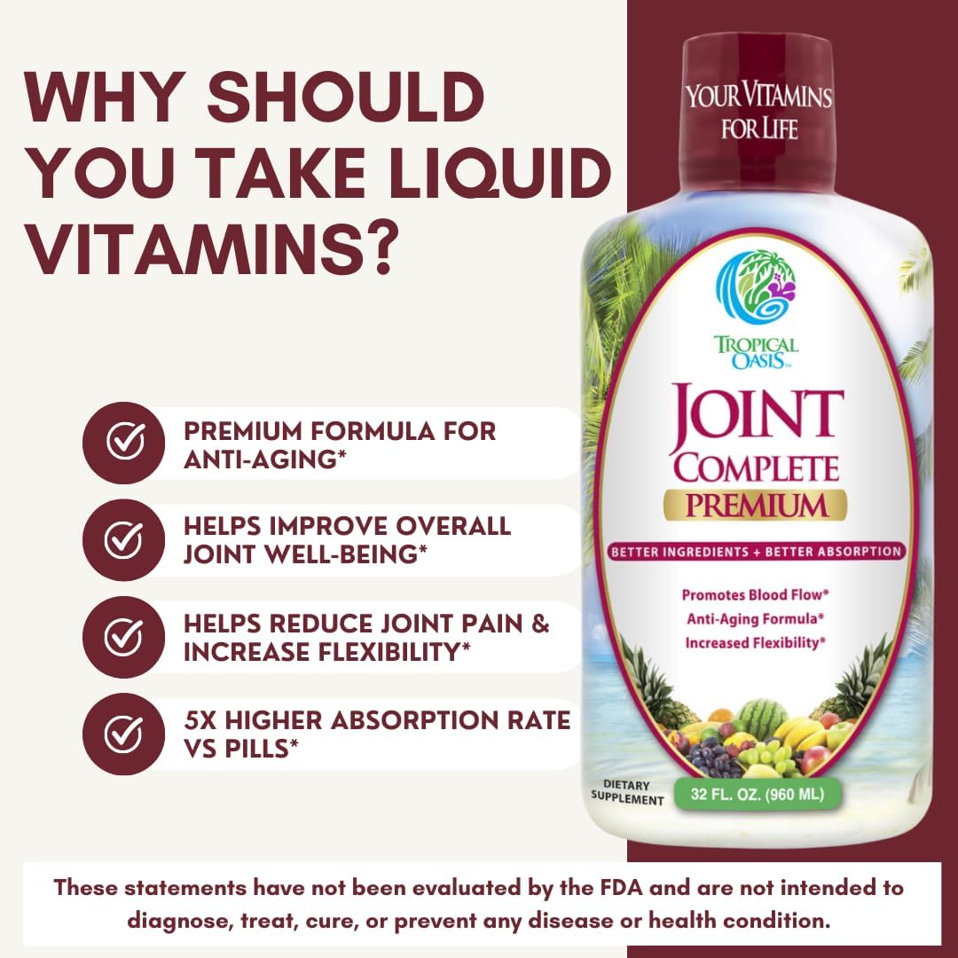 Liquid Joint Supplement with Glucosamine, Chondroitin, MSM, and Hyaluronic Acid for Bone and Joint Health - 32oz, 32 Servings - Tropical Oasis Joint Complete Premium Formula with 96% Maximum Absorption