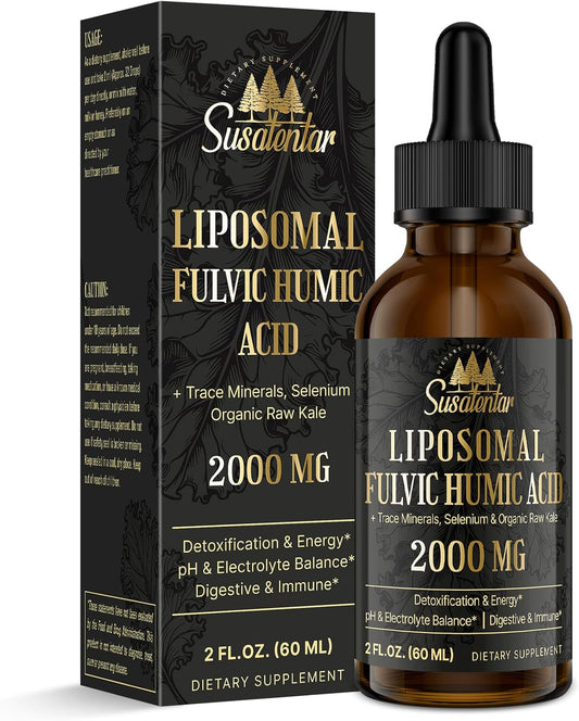 Liquid Liposomal Fulvic Humic Acid Drops - 2000 MG Trace Minerals Electrolyte Supplement - Hydration, Detox, Energy - pH Balance, Digestion, Immunity - 2 Oz