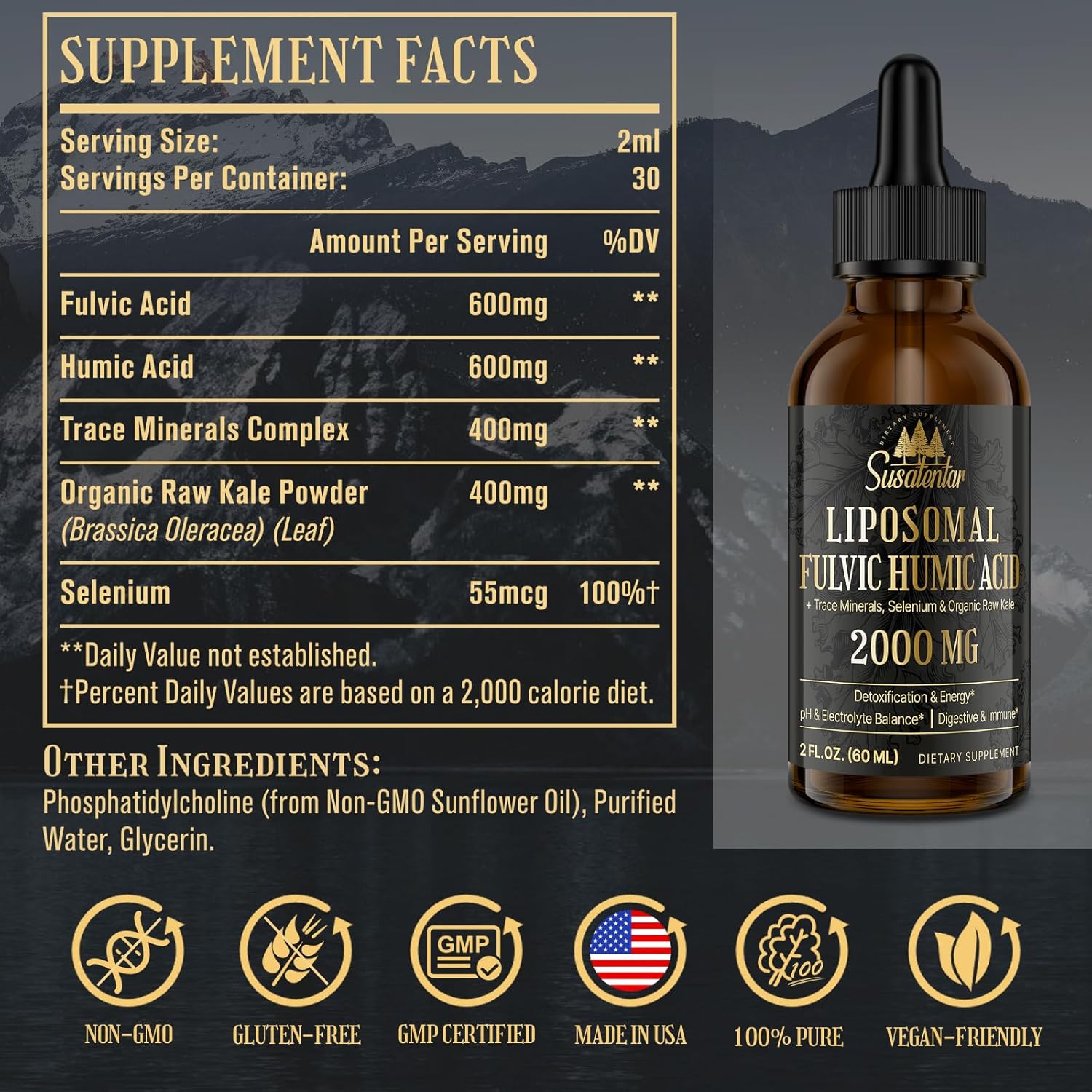 Liquid Liposomal Fulvic Humic Acid Drops - 2000 MG Trace Minerals Electrolyte Supplement - Hydration, Detox, Energy - pH Balance, Digestion, Immunity - 2 Oz