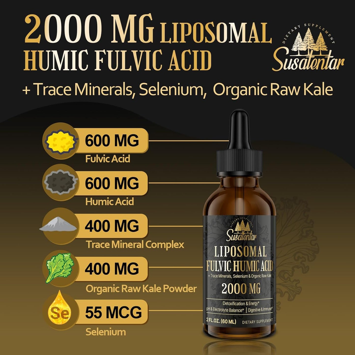 Liquid Liposomal Fulvic Humic Acid Drops - 2000 MG Trace Minerals Electrolyte Supplement - Hydration, Detox, Energy - pH Balance, Digestion, Immunity - 2 Oz