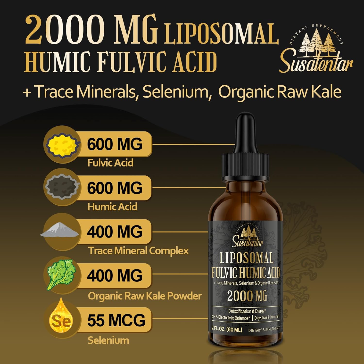 Liquid Liposomal Fulvic Humic Acid Drops - 2000 MG Trace Minerals Electrolyte Supplement - Hydration, Detox, Energy - pH Balance, Digestion, Immunity - 2 Oz
