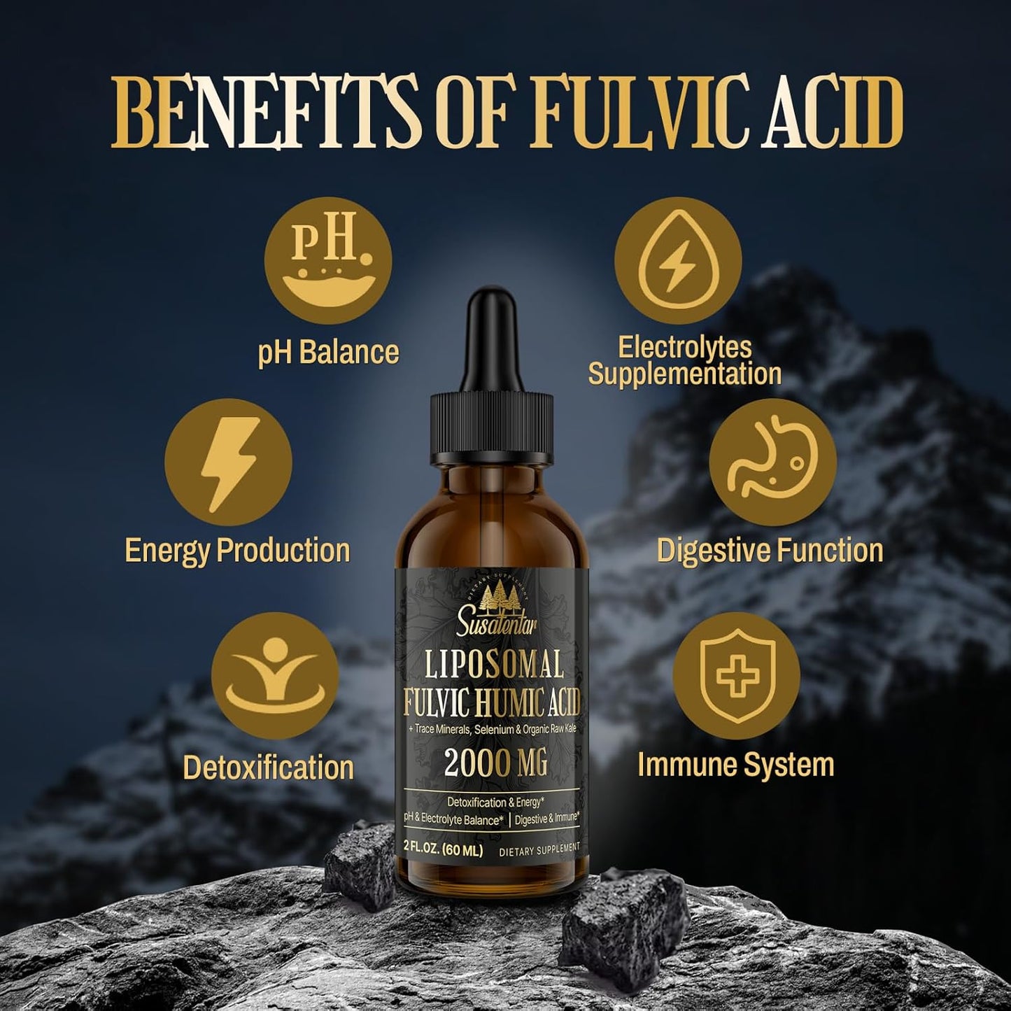 Liquid Liposomal Fulvic Humic Acid Drops - 2000 MG Trace Minerals Electrolyte Supplement - Hydration, Detox, Energy - pH Balance, Digestion, Immunity - 2 Oz