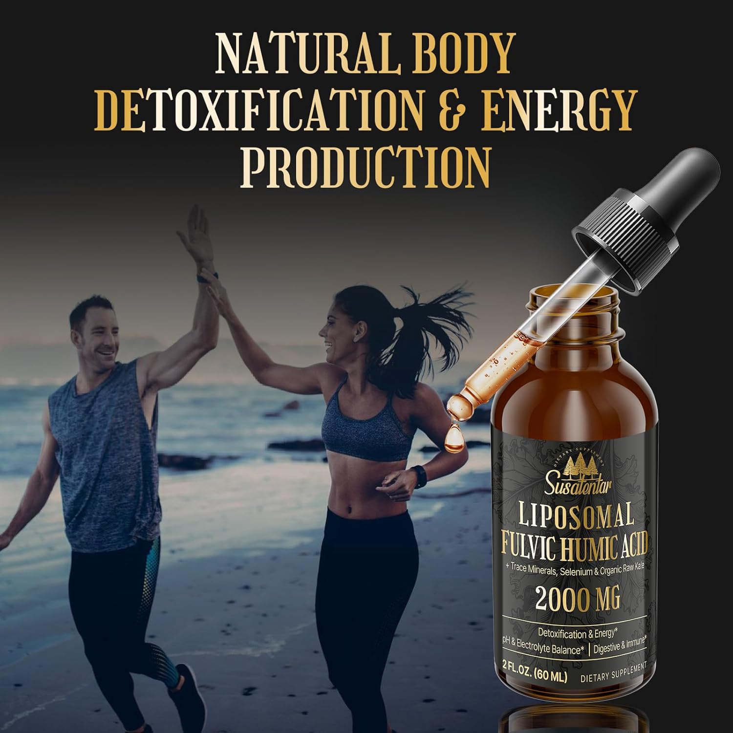 Liquid Liposomal Fulvic Humic Acid Drops - 2000 MG Trace Minerals Electrolyte Supplement - Hydration, Detox, Energy - pH Balance, Digestion, Immunity - 2 Oz