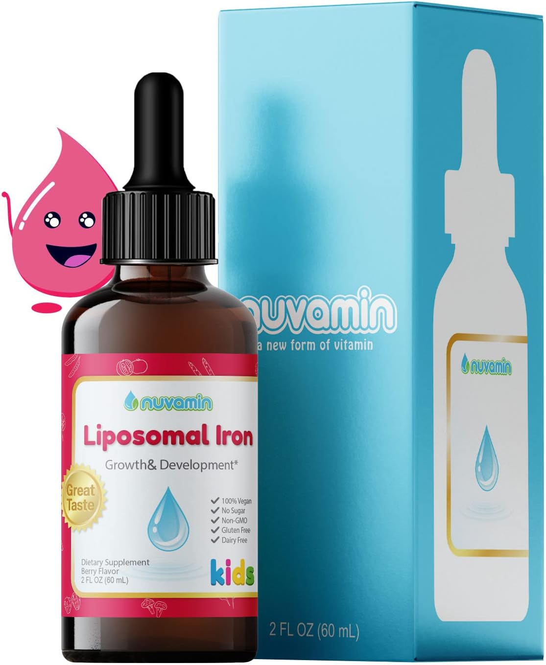 Liquid Liposomal Iron Drops for all Ages - Vegan Berry Flavor - 2Fl.Oz (60ml) - 120 Servings