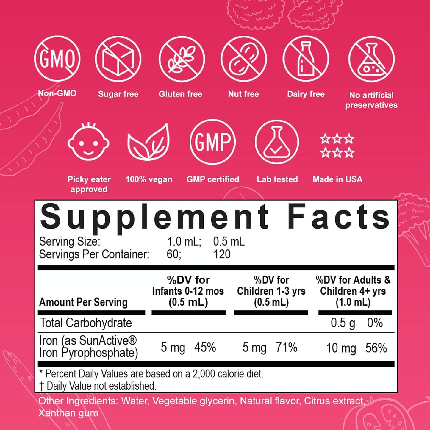 Liquid Liposomal Iron Drops for all Ages - Vegan Berry Flavor - 2Fl.Oz (60ml) - 120 Servings