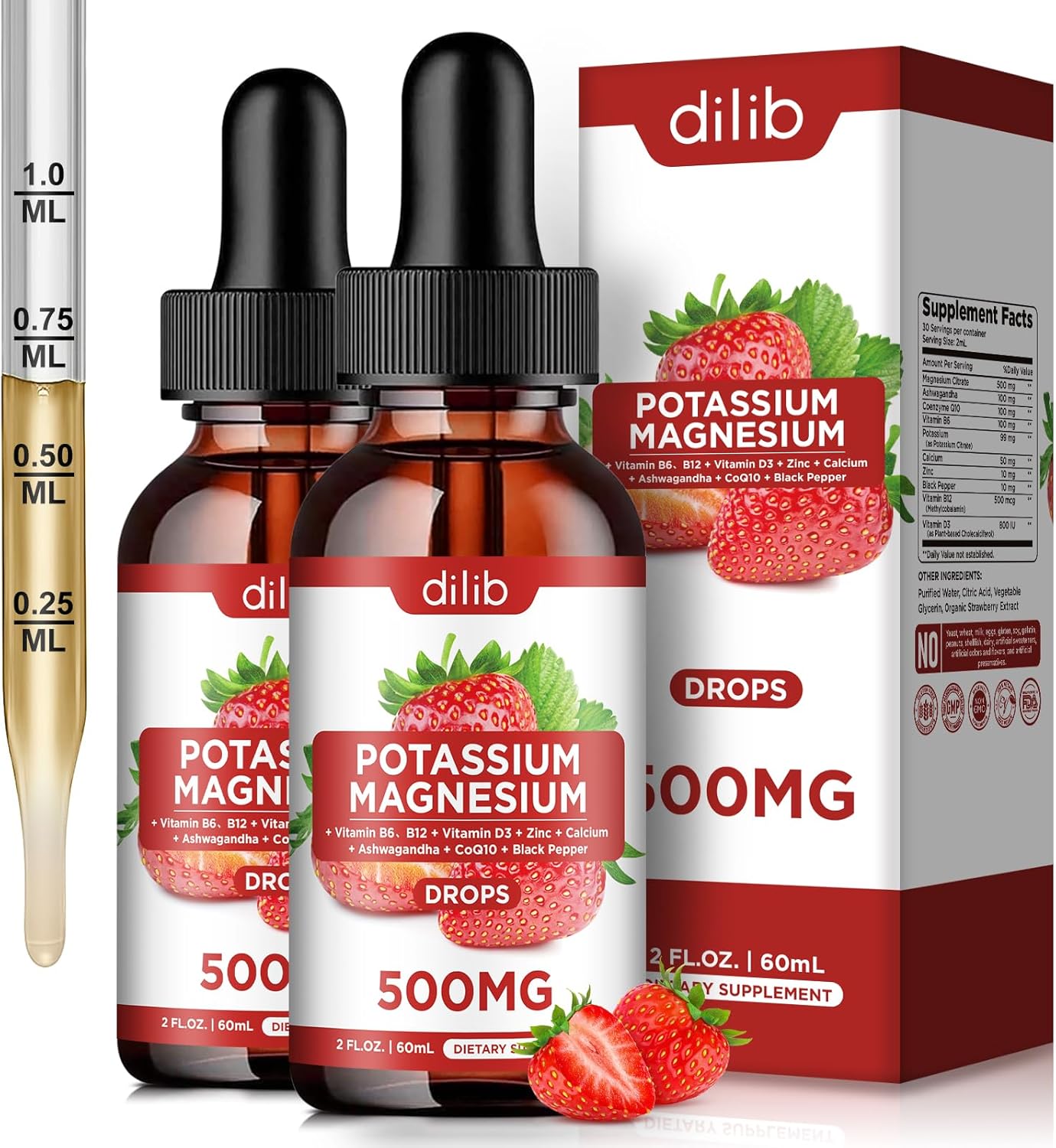 Liquid Magnesium Citrate Drops with Potassium, Ashwagandha, Calcium, Zinc, Vitamin D3 - Vegan Supplement for Calm, Bone, Muscle, Immune Health - 2 Pack
