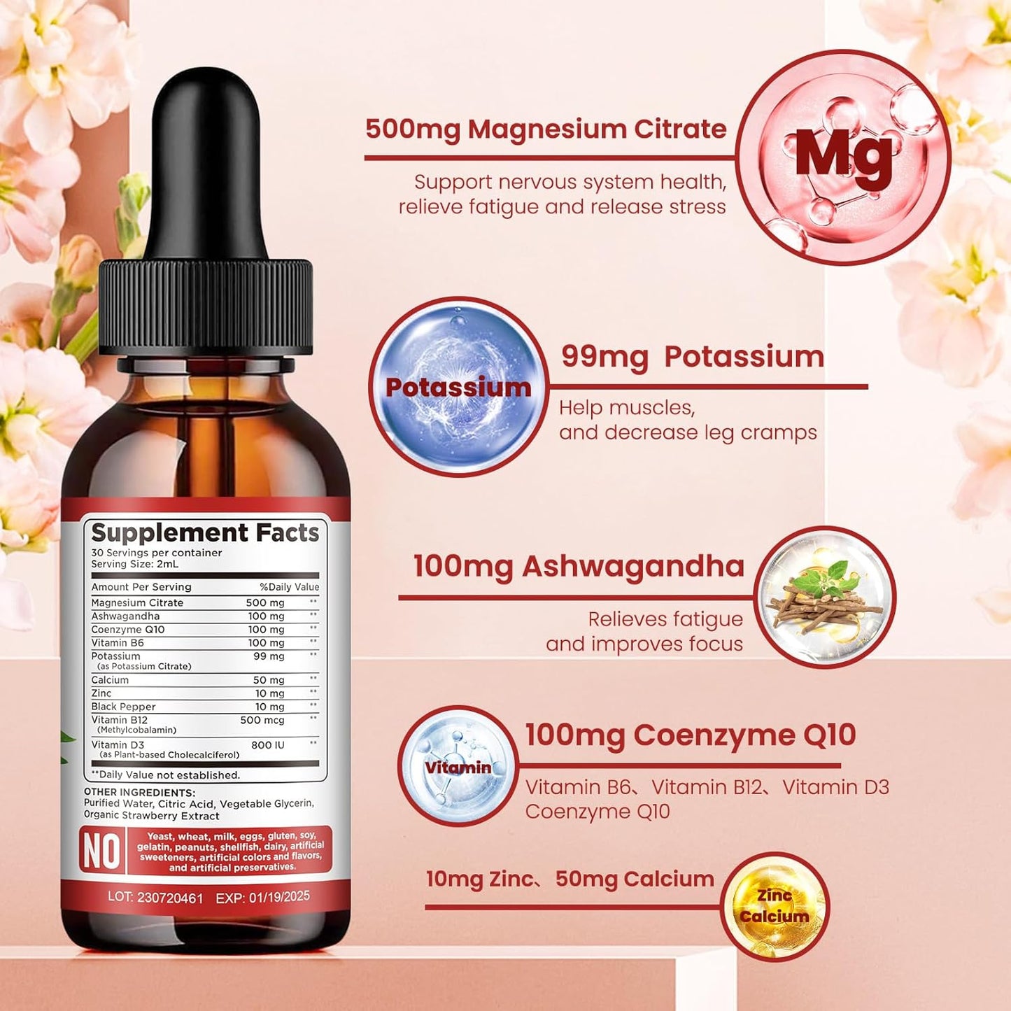 Liquid Magnesium Citrate Drops with Potassium, Ashwagandha, Calcium, Zinc, Vitamin D3 - Vegan Supplement for Calm, Bone, Muscle, Immune Health - 2 Pack