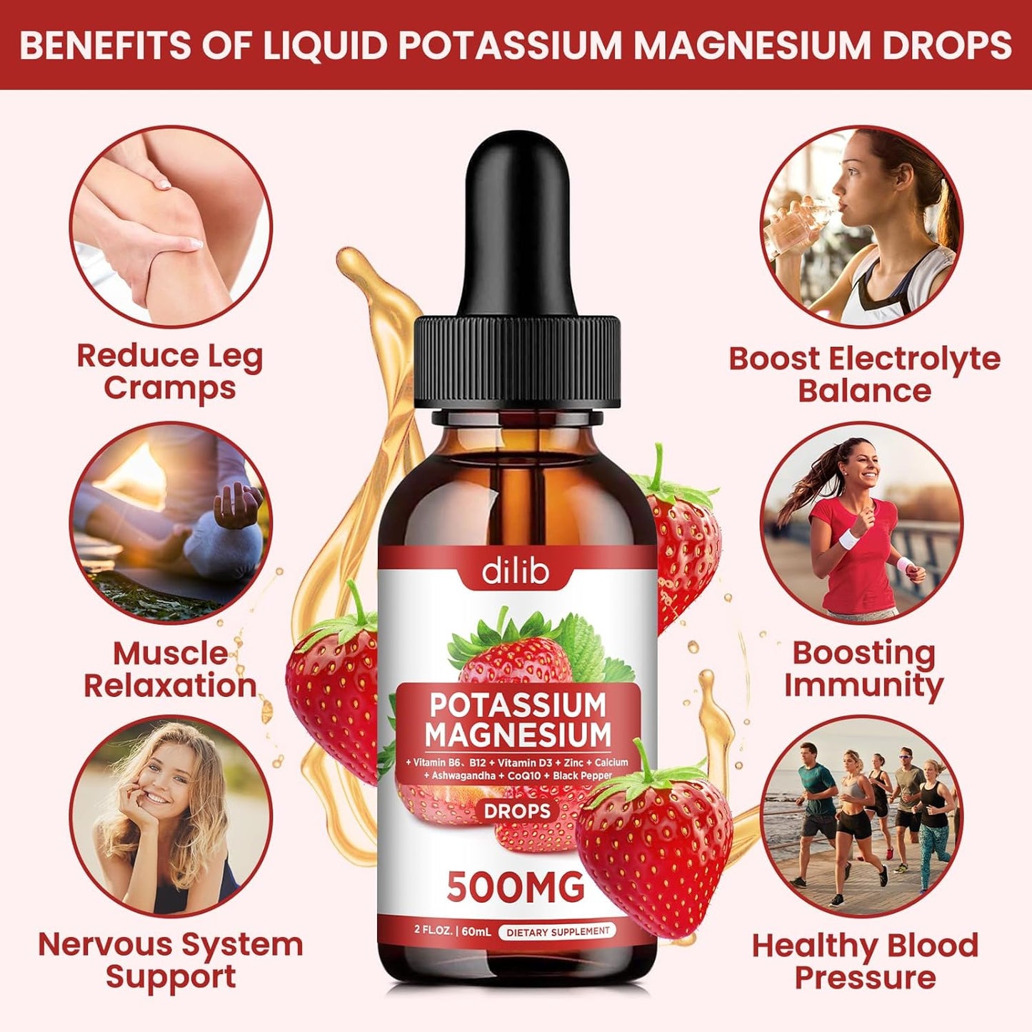 Liquid Magnesium Citrate Drops with Potassium, Ashwagandha, Calcium, Zinc, Vitamin D3 - Vegan Supplement for Calm, Bone, Muscle, Immune Health - 2 Pack