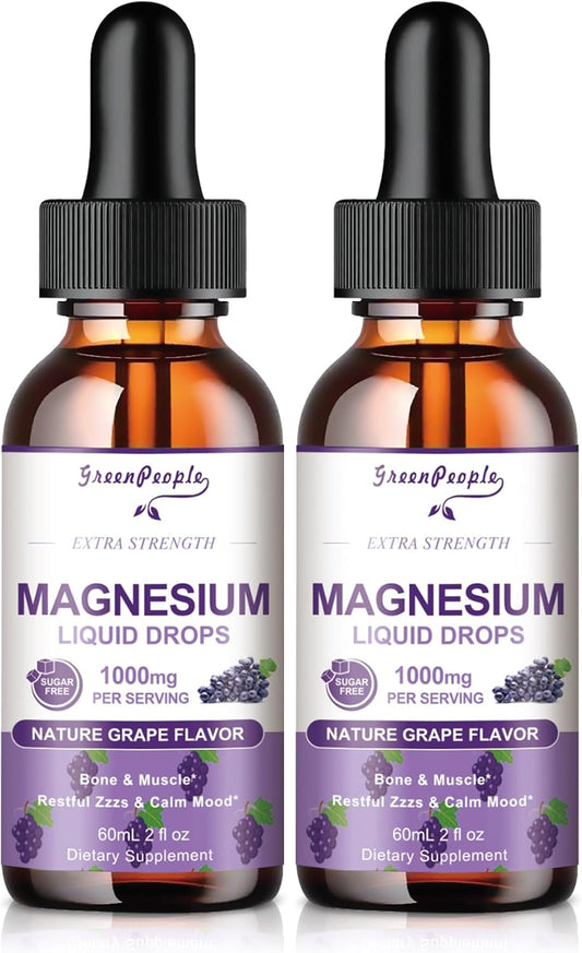 Liquid Magnesium Glycinate Drops with D3, K2, and B6 - 1000mg Complex Supplement for Bone and Muscle Support - Sugar-Free Grape Flavor - 2fl Oz 2 Pack