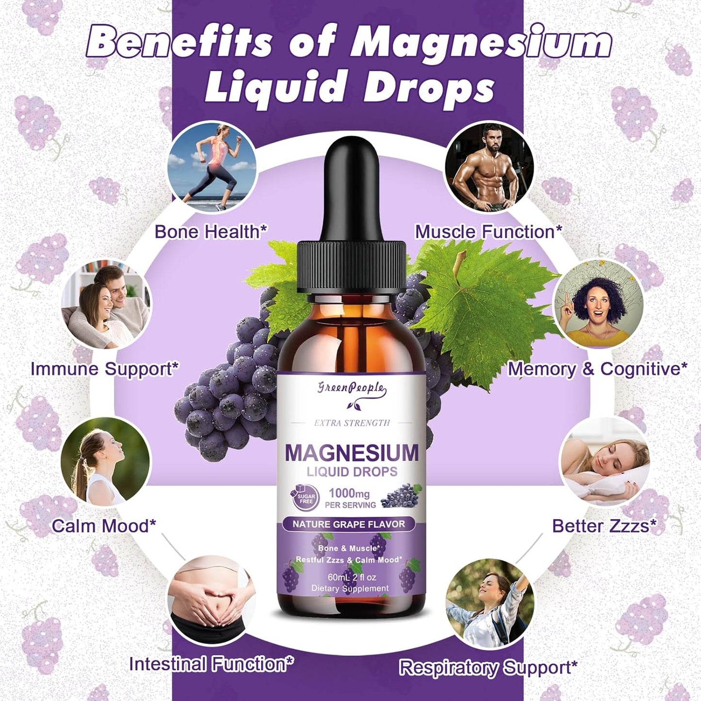 Liquid Magnesium Glycinate Drops with D3, K2, and B6 - 1000mg Complex Supplement for Bone and Muscle Support - Sugar-Free Grape Flavor - 2fl Oz 2 Pack