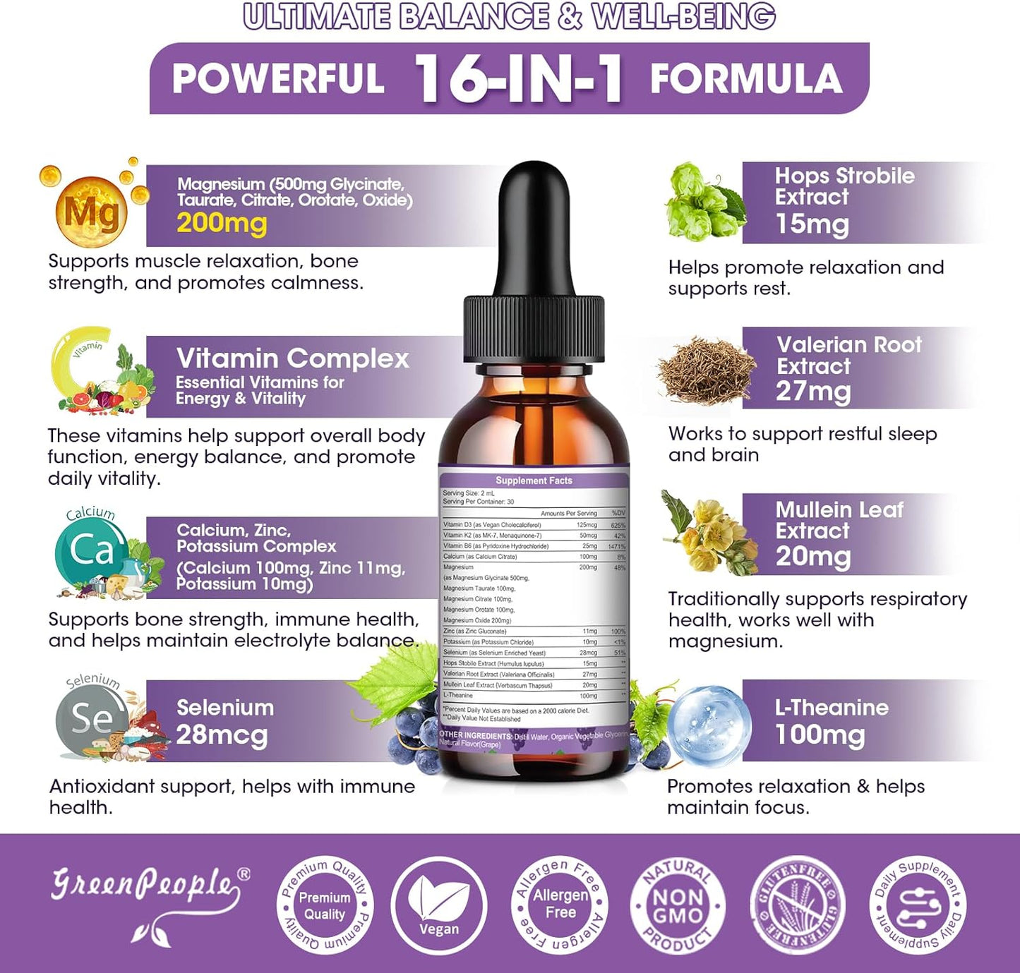 Liquid Magnesium Glycinate Drops with D3, K2, and B6 - 1000mg Complex Supplement for Bone and Muscle Support - Sugar-Free Grape Flavor - 2fl Oz 2 Pack