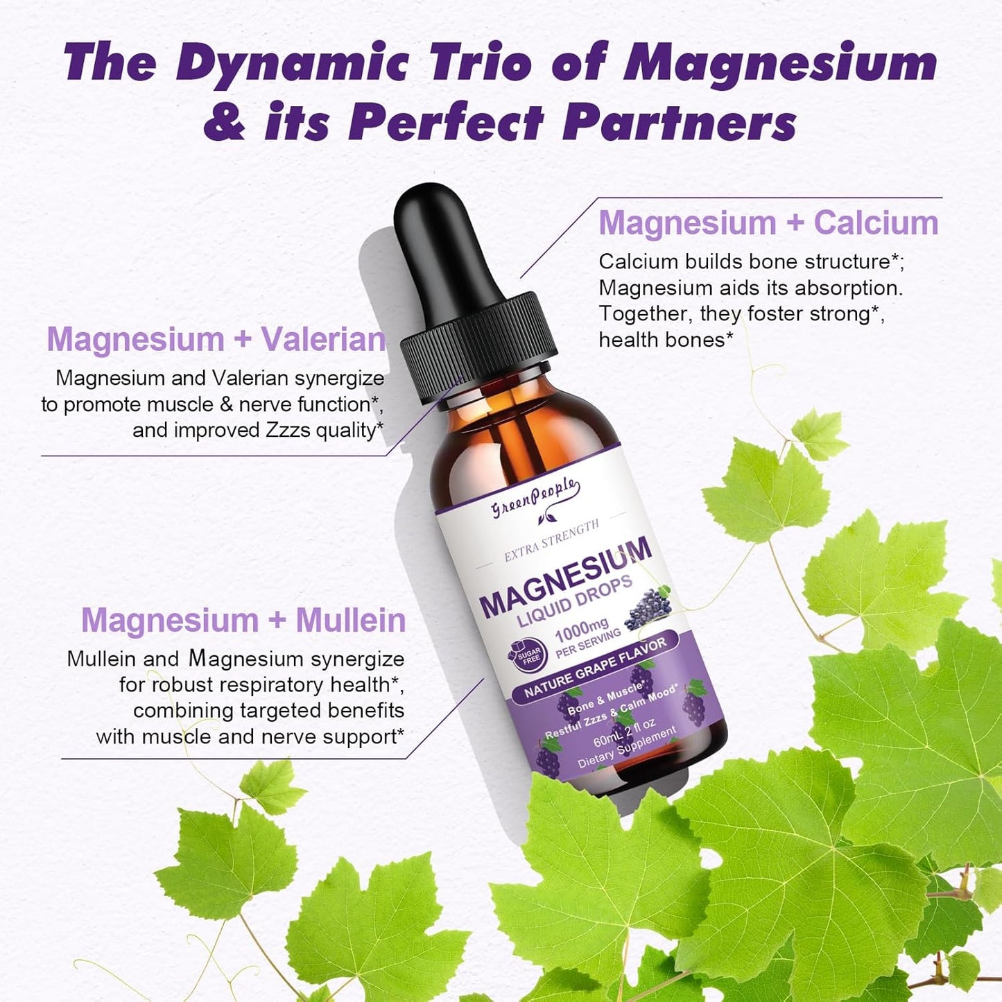 Liquid Magnesium Glycinate Drops with D3, K2, and B6 - 1000mg Complex Supplement for Bone and Muscle Support - Sugar-Free Grape Flavor - 2fl Oz 2 Pack