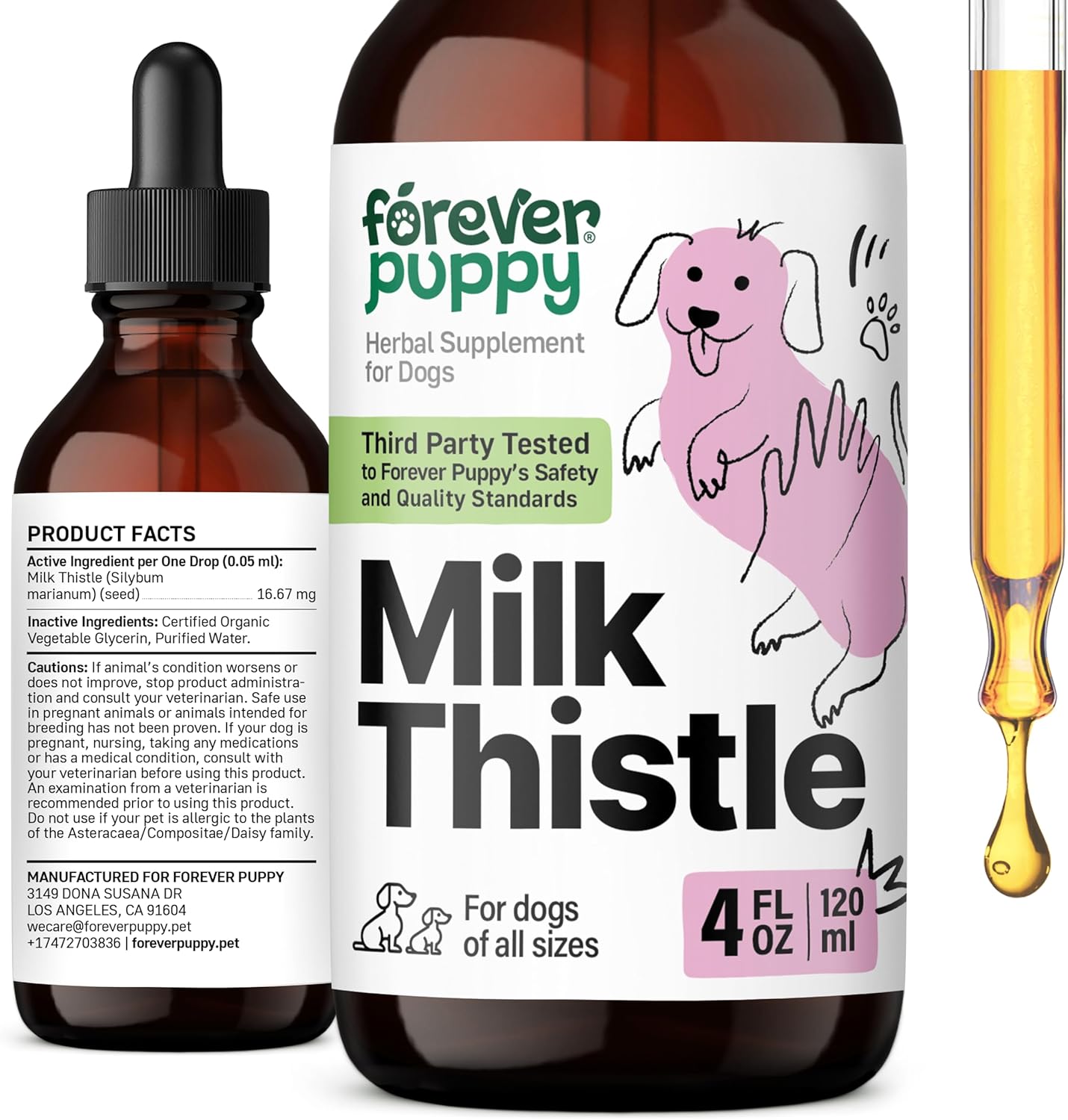 Liquid Milk Thistle Liver Support Drops for Dogs - Herbal Supplements for Large, Medium, Small Breeds - Silymarin Vitamins - 4 oz