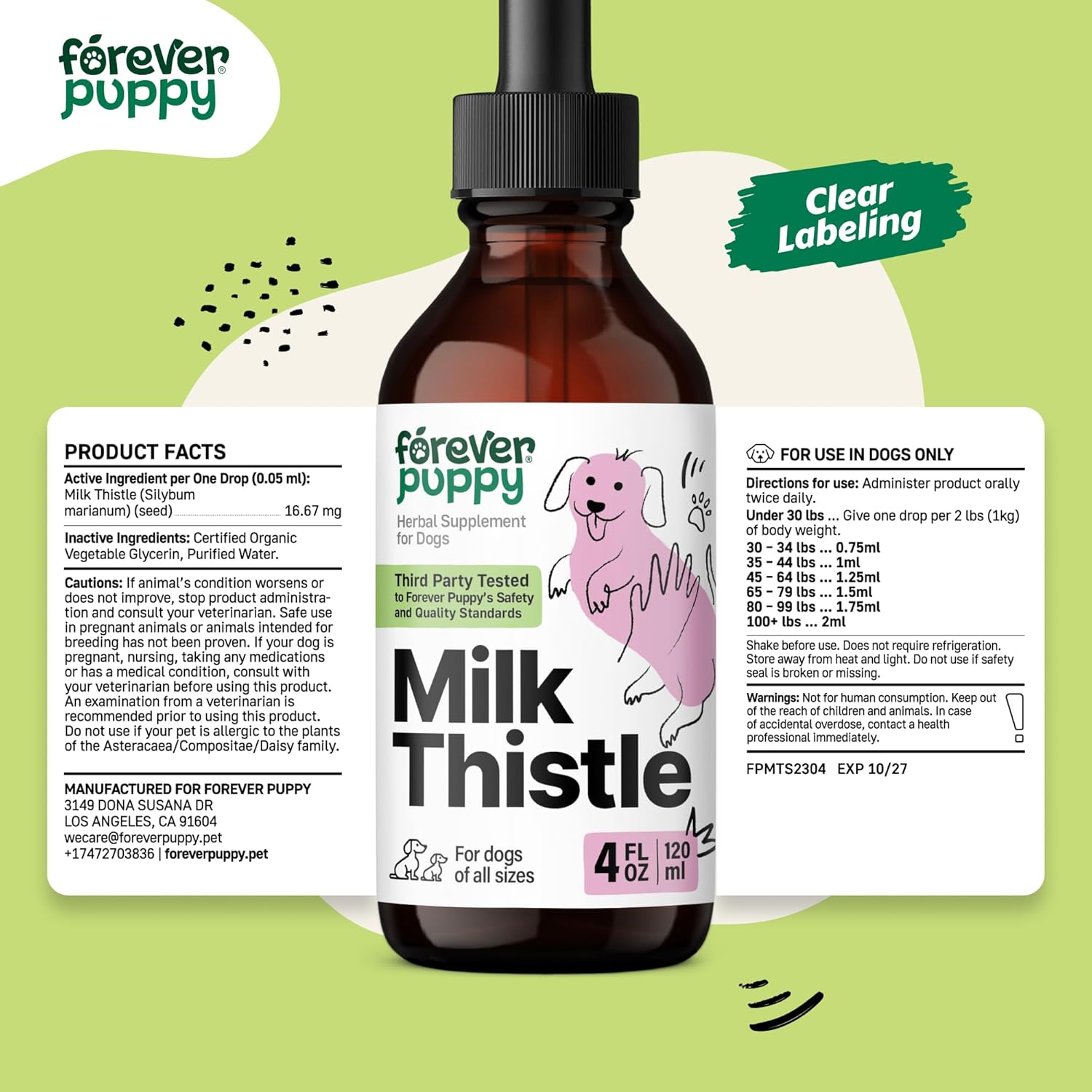 Liquid Milk Thistle Liver Support Drops for Dogs - Herbal Supplements for Large, Medium, Small Breeds - Silymarin Vitamins - 4 oz