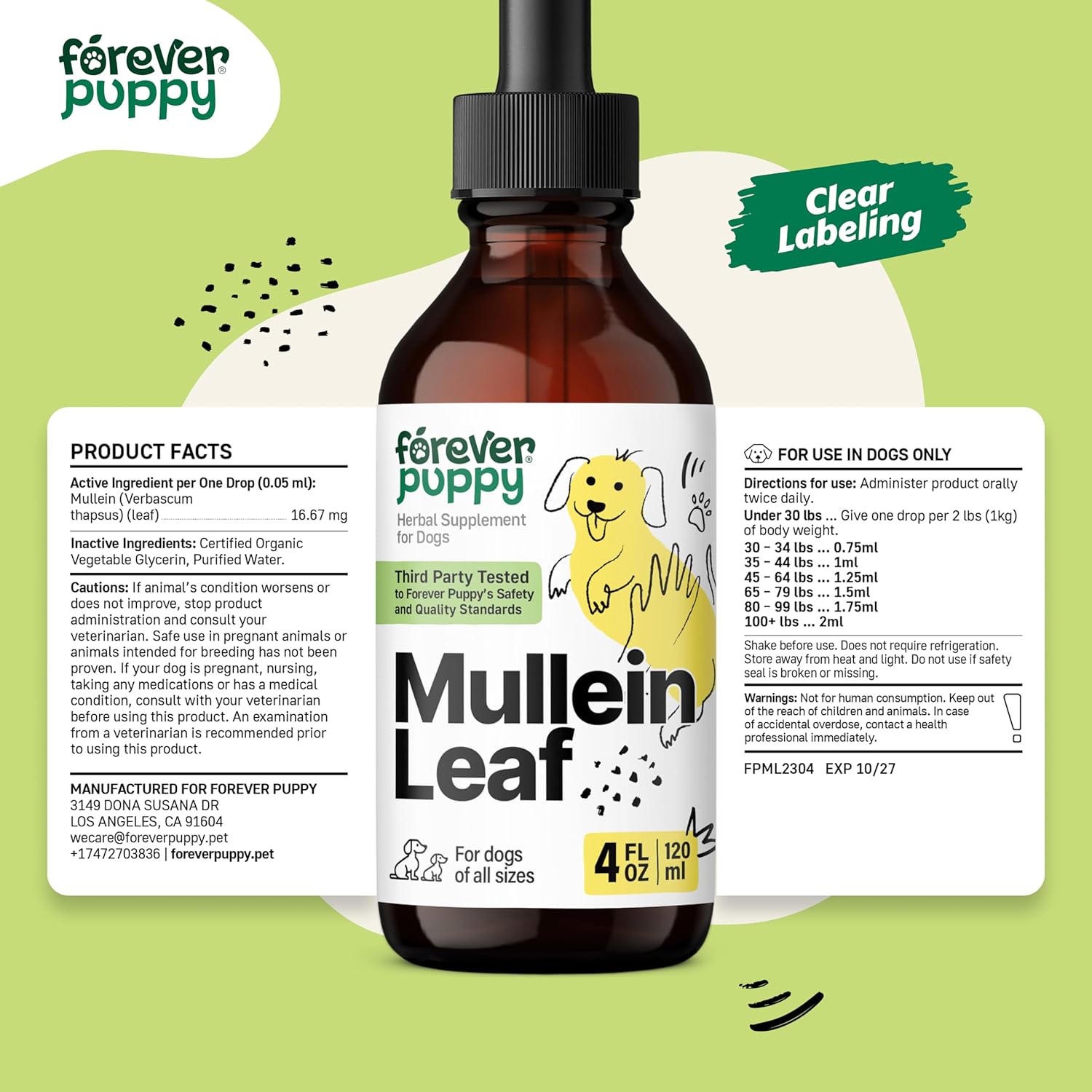Liquid Mullein Leaf Drops for Dogs - Respiratory Support Supplement - Natural Lung Health for Dogs - All Breeds and Sizes - 4 oz Bottle