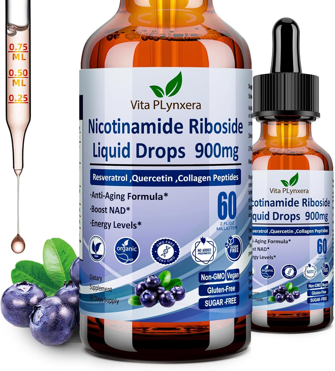 Liquid NAD Plus Supplement NR900 with Resveratrol and Quercetin for Anti-Aging and Energy Boost