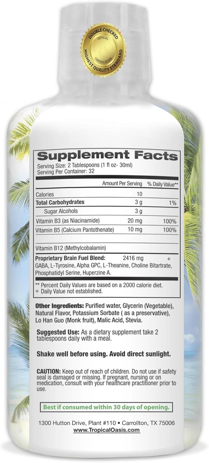 Liquid Nootropic Brain Supplement for Mental Clarity, Focus, and Memory - Tropical Oasis - 32 Servings